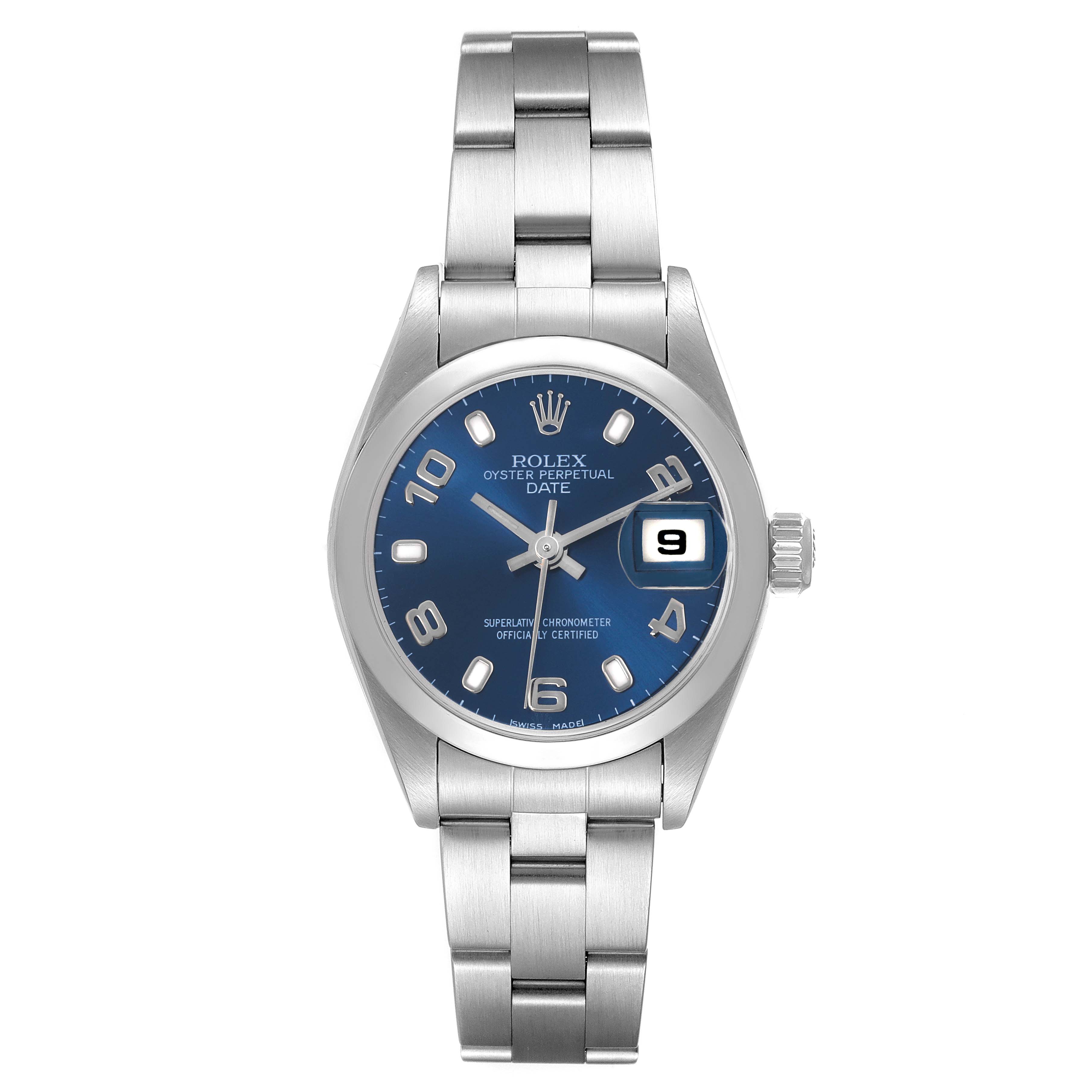 The Rolex Date 79160 Women's Stainless Steel Blue Dial 79160 Women's Stainless Steel Blue Dial model is shown from a front angle, displaying the bracelet, blue dial, hands, and date window.