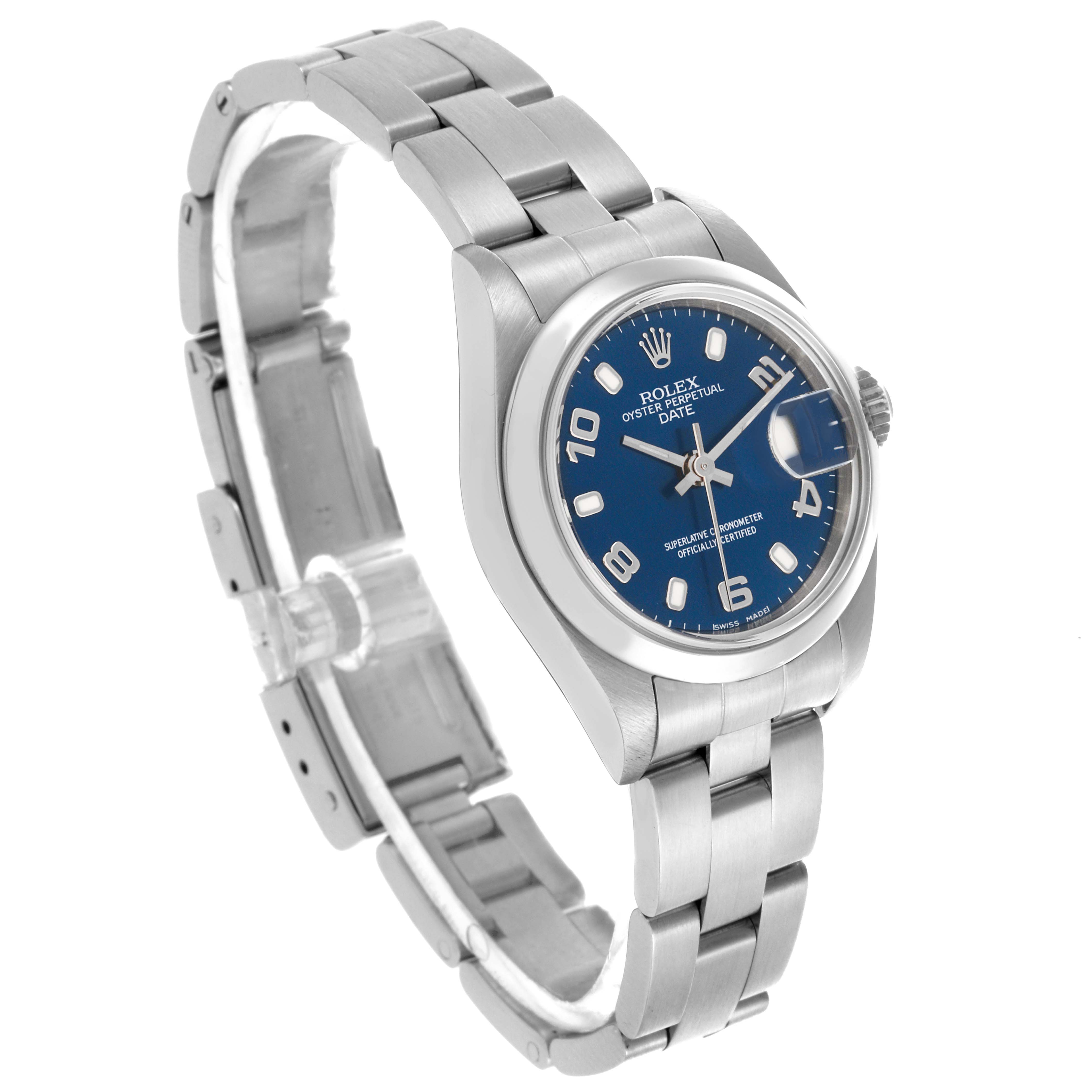 The Rolex Date 79160 Women's Stainless Steel Blue Dial 79160 Women's Stainless Steel Blue Dial watch is shown at a slight angle, displaying the blue dial, bezel, and part of the bracelet.