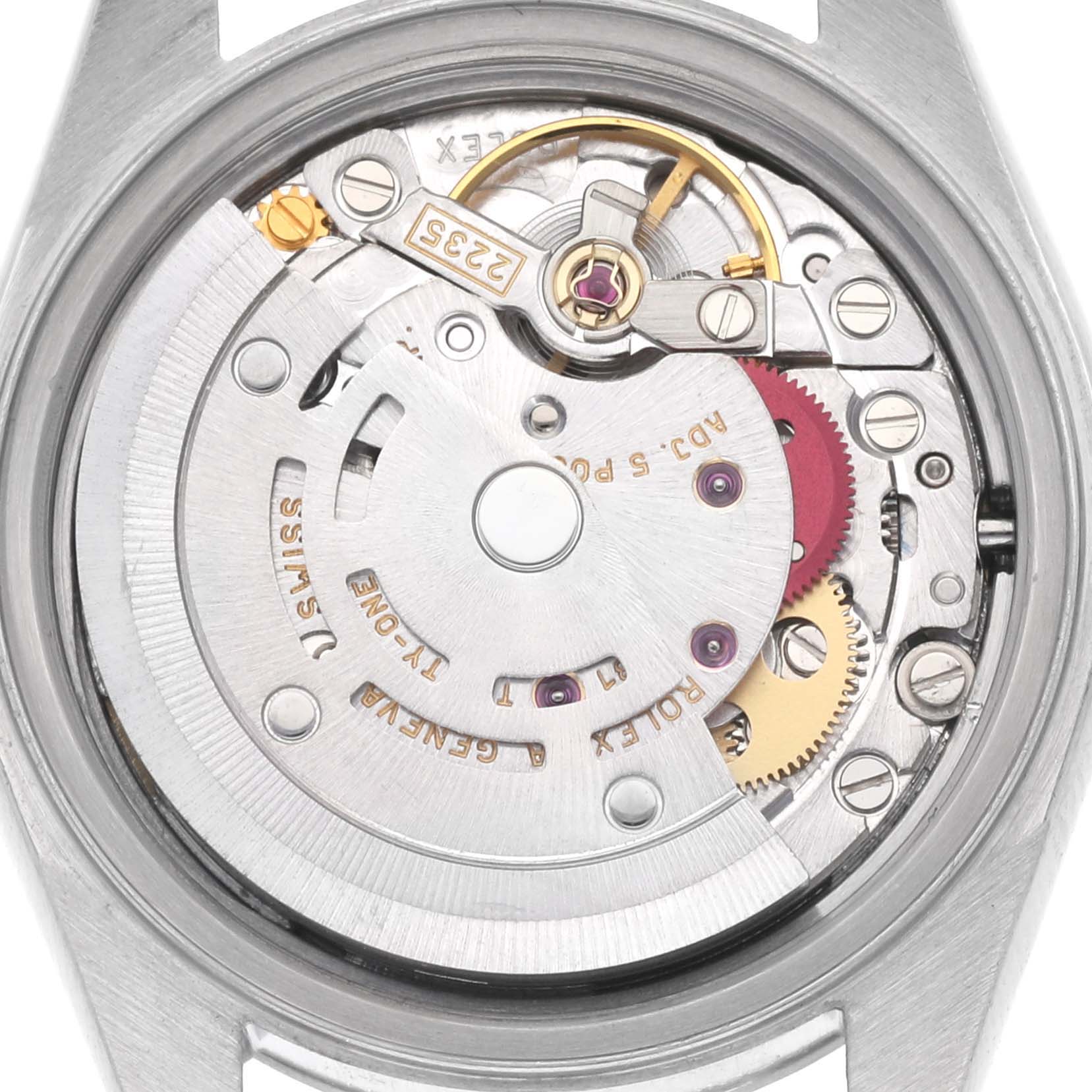 The image shows the movement mechanism of a Rolex Date 79160 Women's Stainless Steel Blue Dial 79160 Women's Stainless Steel Blue Dial watch from a top-down angle.