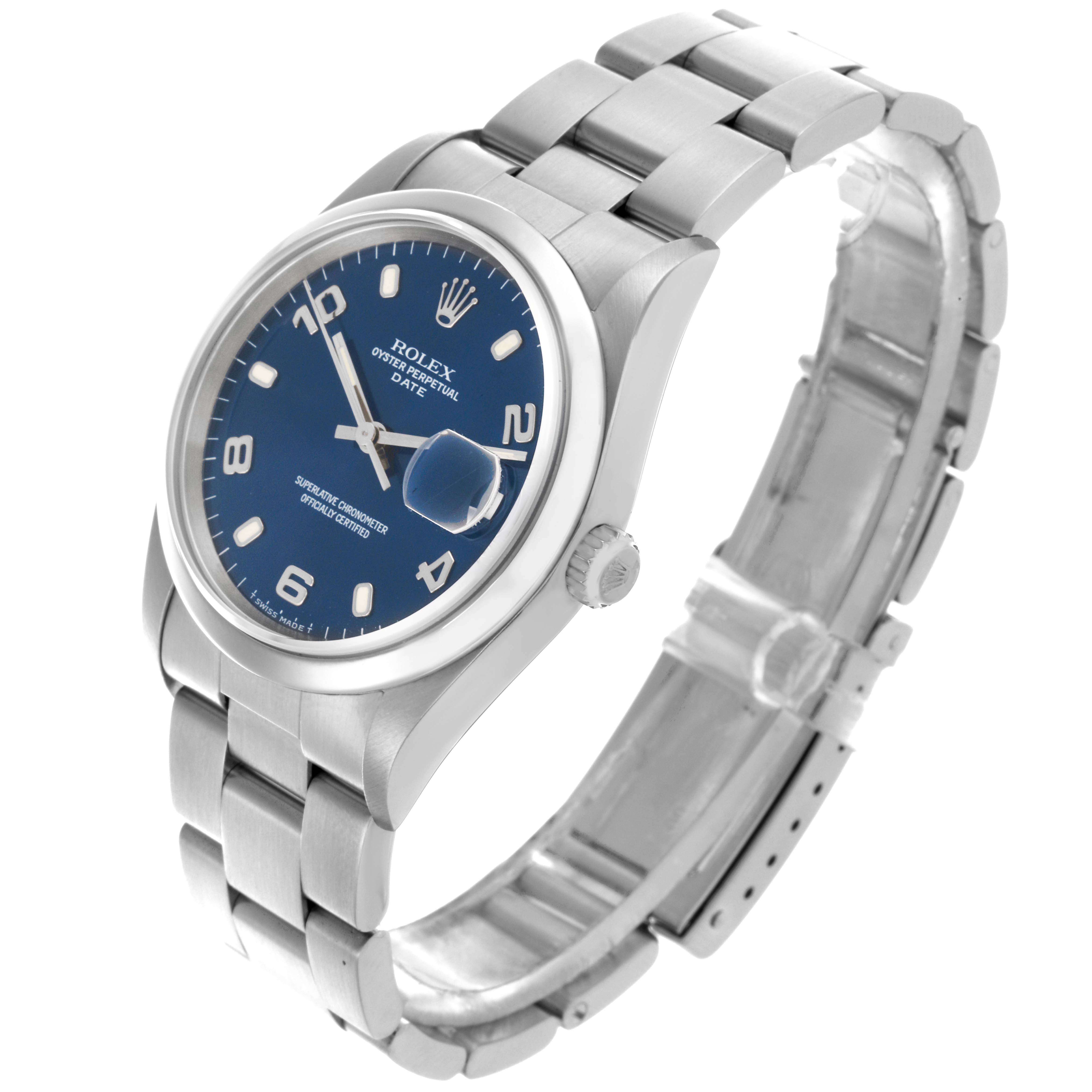 The Rolex Date 15200 Men's Stainless Steel Blue Dial 15200 Men's Stainless Steel Blue Dial watch is shown at an angled view, displaying the dial, bezel, bracelet, and crown.