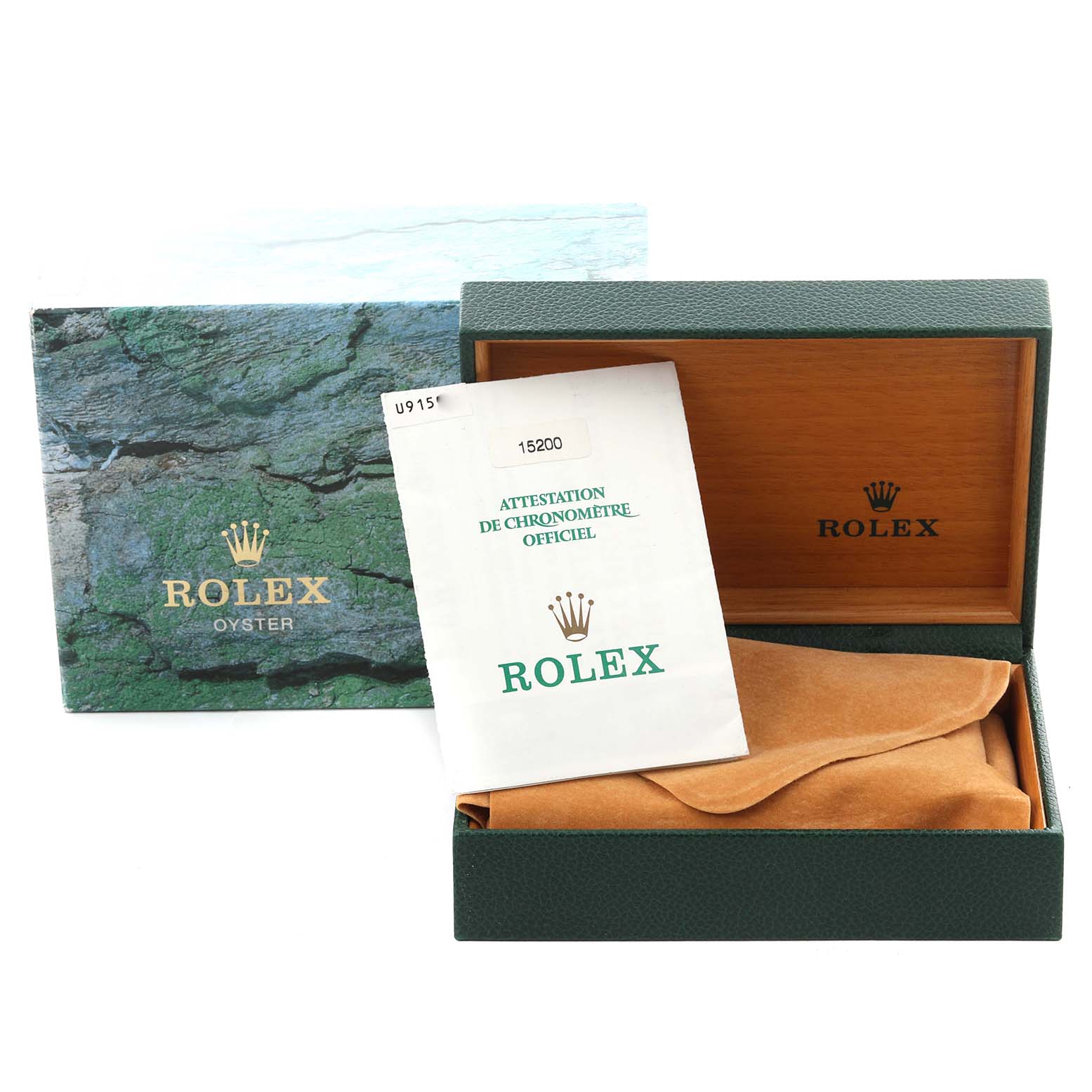 The image shows a Rolex Date 15200 Men's Stainless Steel Blue Dial 15200 Men's Stainless Steel Blue Dial model's box, outer sleeve, and certificate, viewed from above.