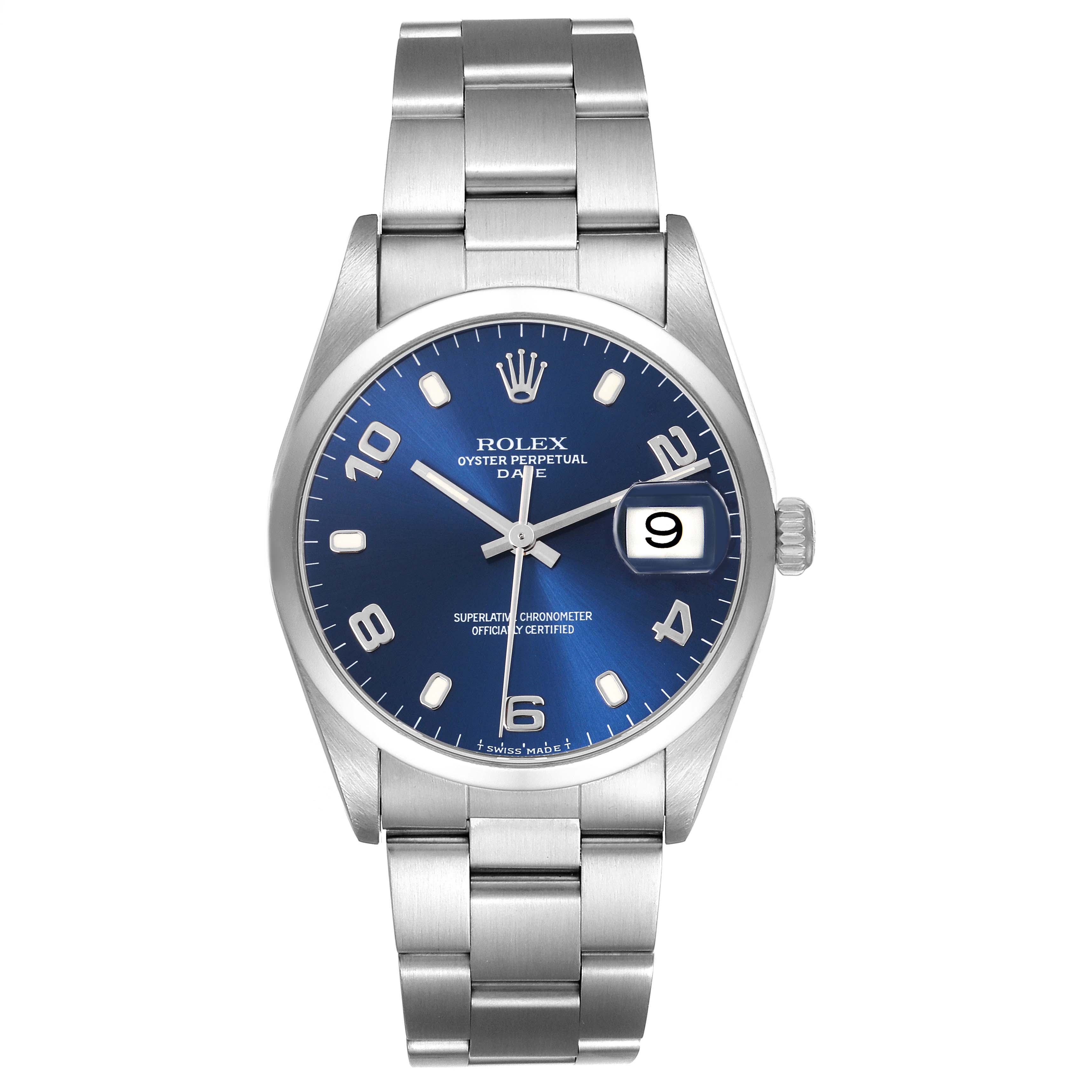The Rolex Date 15200 Men's Stainless Steel Blue Dial 15200 Men's Stainless Steel Blue Dial watch is shown from a top-down angle, highlighting its face, case, bracelet, and date window.