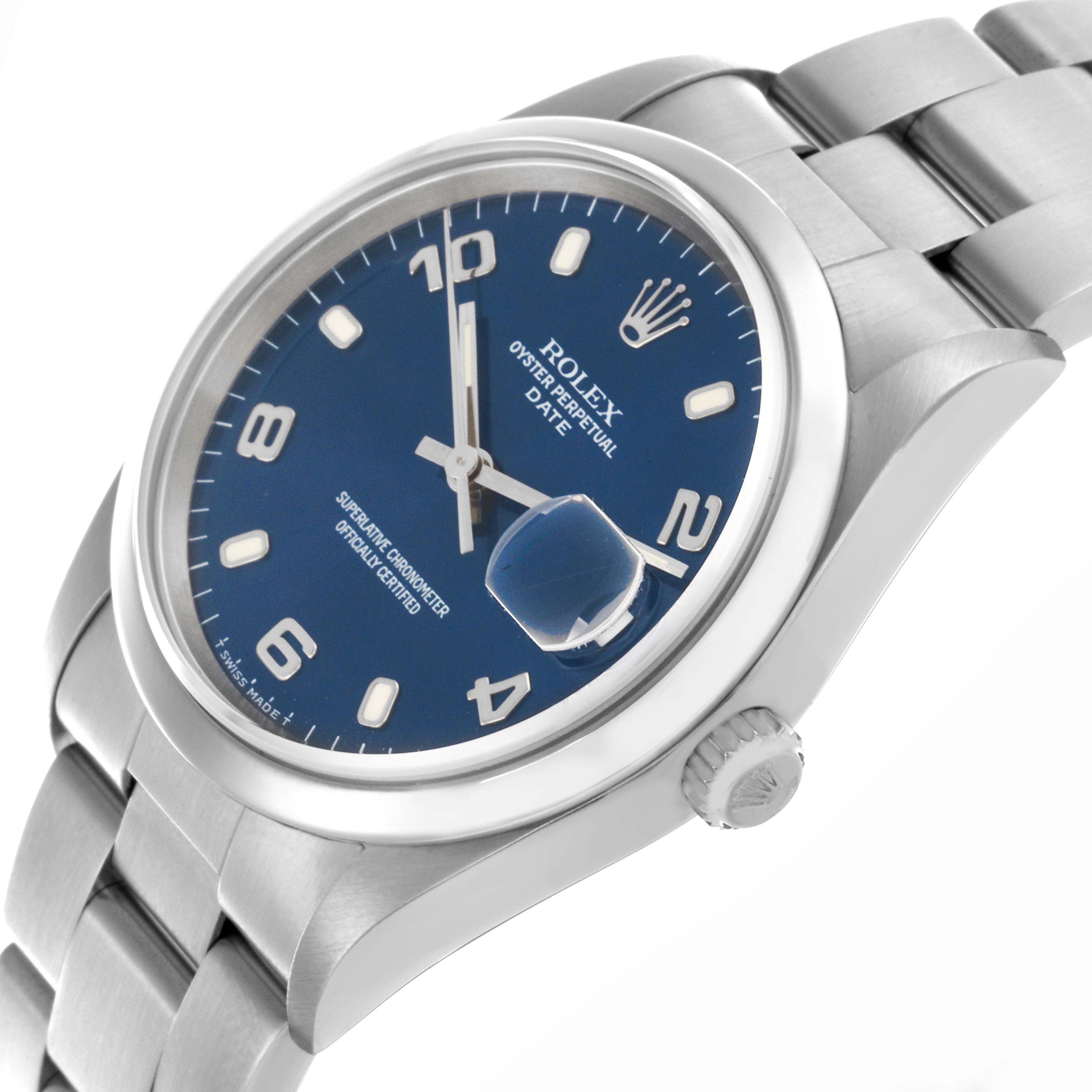 The Rolex Date 15200 Men's Stainless Steel Blue Dial 15200 Men's Stainless Steel Blue Dial model is shown from a slightly angled side view, highlighting the dial, crown, and metal bracelet.