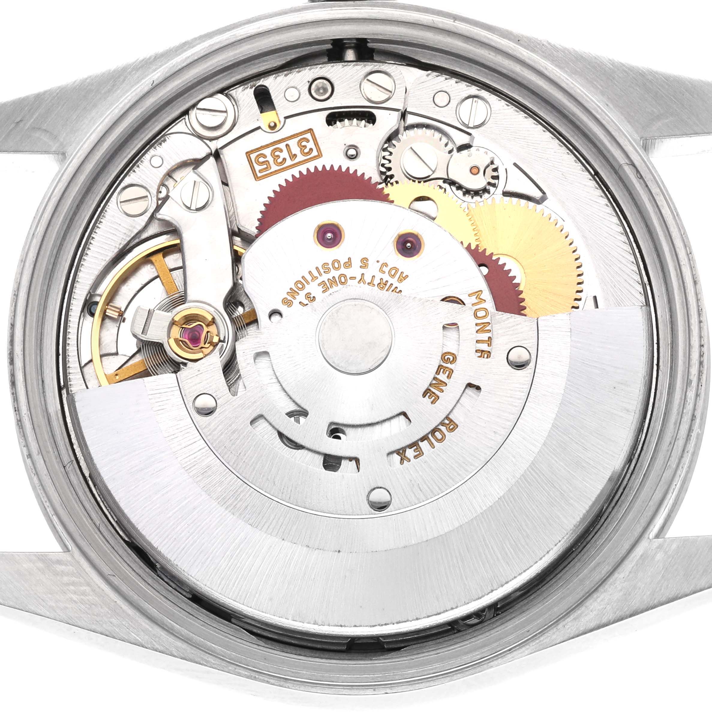 This image shows the movement of a Rolex Date 15200 Men's Stainless Steel Blue Dial 15200 Men's Stainless Steel Blue Dial watch from a top-down angle, highlighting gears and components.