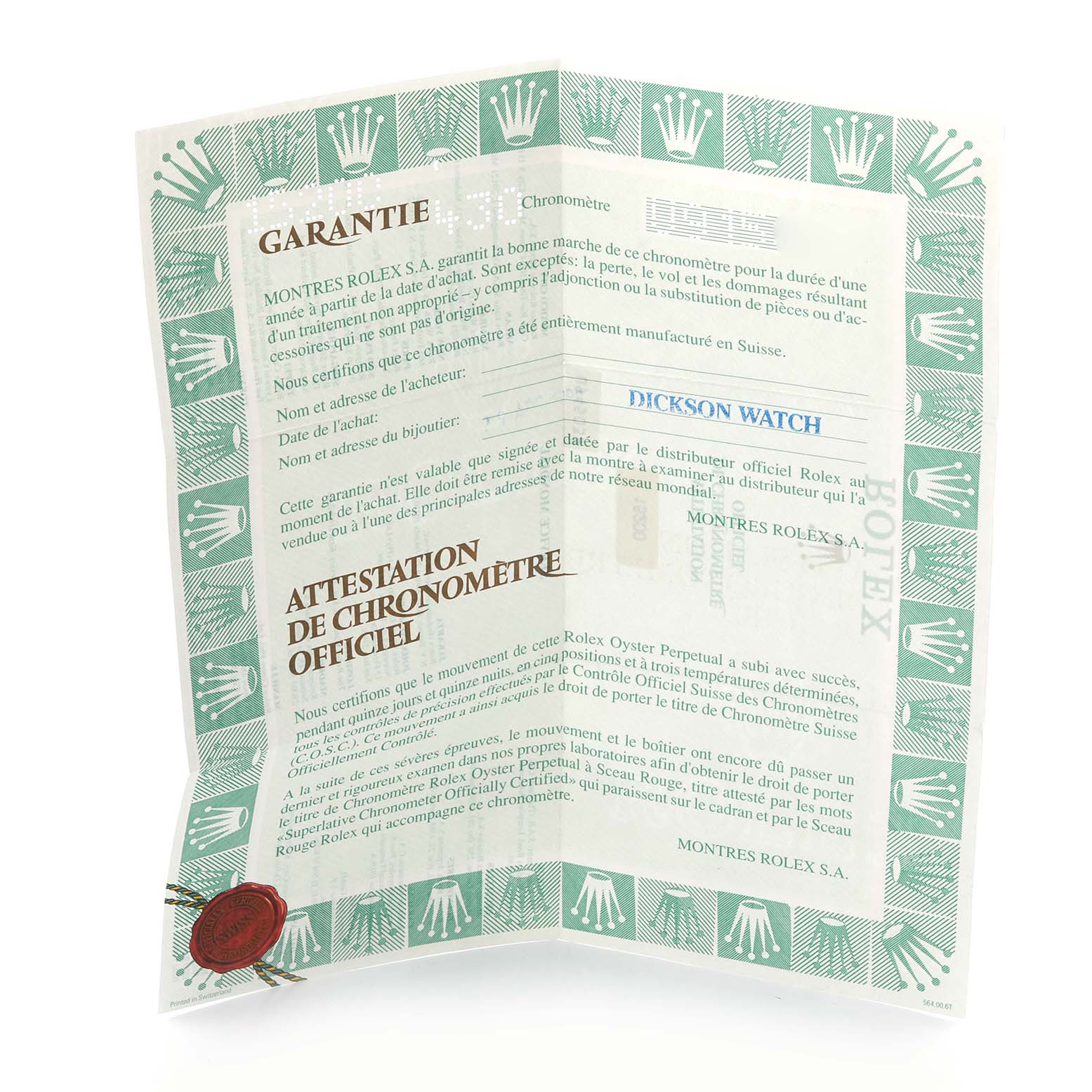 The image shows a Rolex Date 15200 Men's Stainless Steel Blue Dial 15200 Men's Stainless Steel Blue Dial model warranty certificate open at an angle, displaying the guarantee and official chronometer attestation.