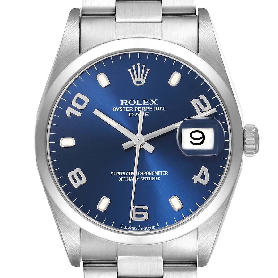 The Rolex Date model watch is shown from a front angle, highlighting the blue dial, hands, numerals, and date magnifier.