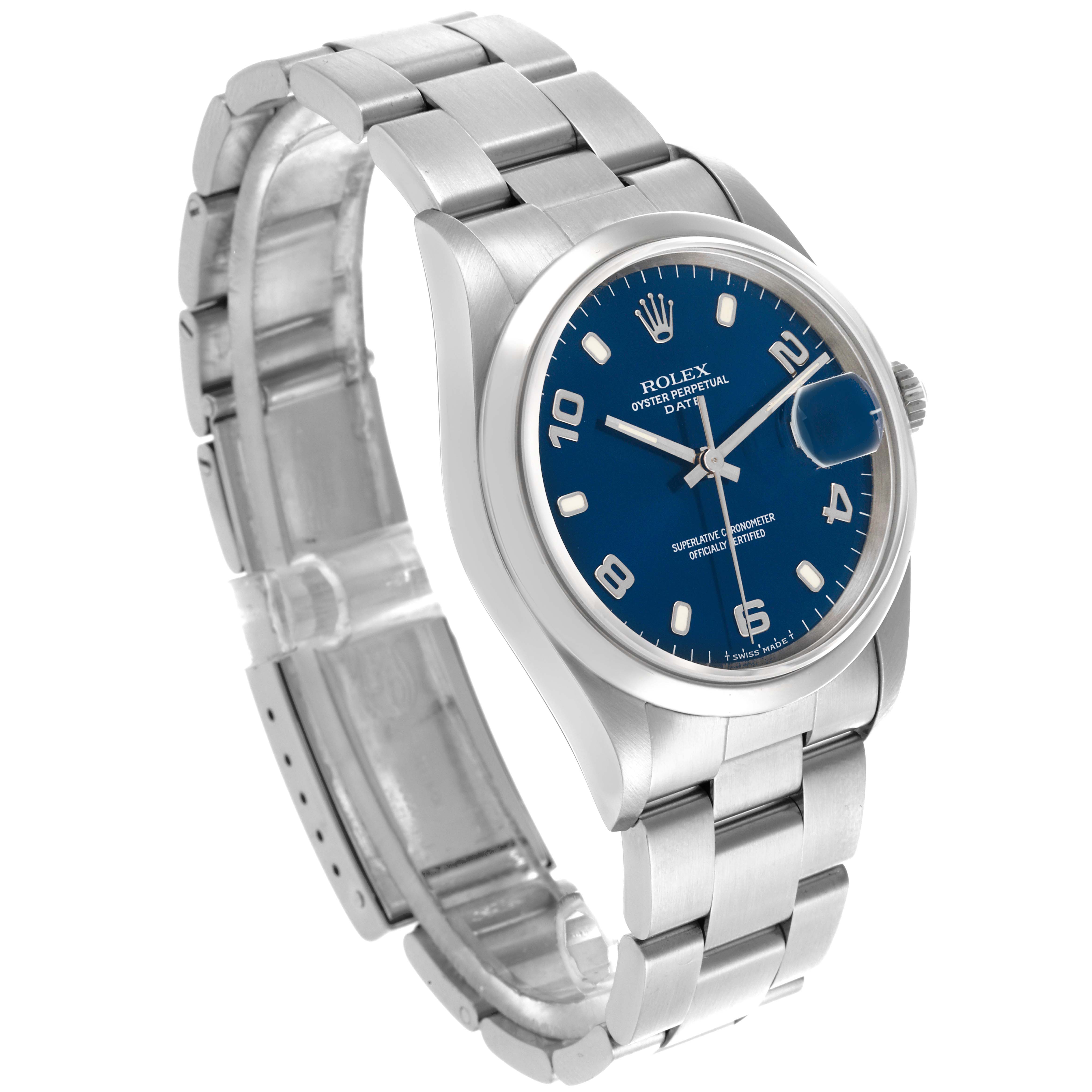 The image shows a Rolex Date 15200 Men's Stainless Steel Blue Dial 15200 Men's Stainless Steel Blue Dial model watch at a three-quarter angle, highlighting the blue dial and metal bracelet.