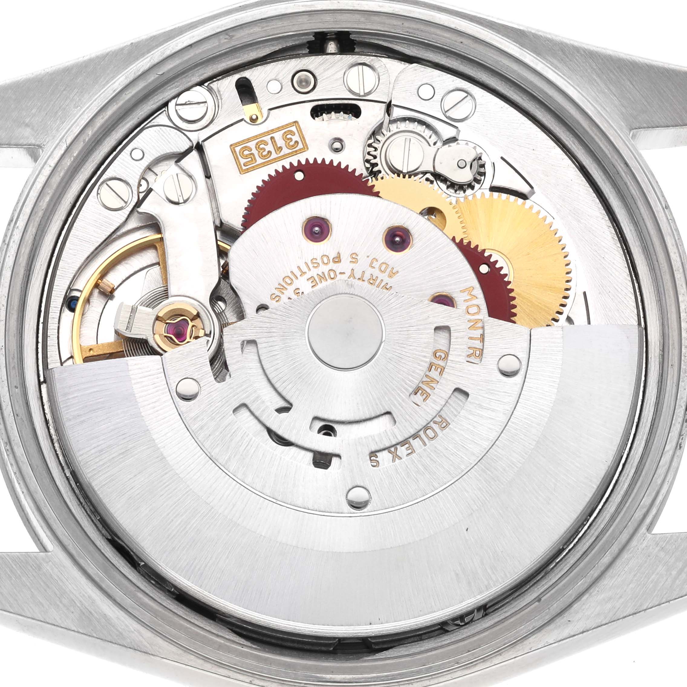The image shows the inner mechanism of a Rolex Date 15200 Men's Stainless Steel White Dial 15200 Men's Stainless Steel White Dial model watch, highlighting gears and the rotor at a top-down angle.