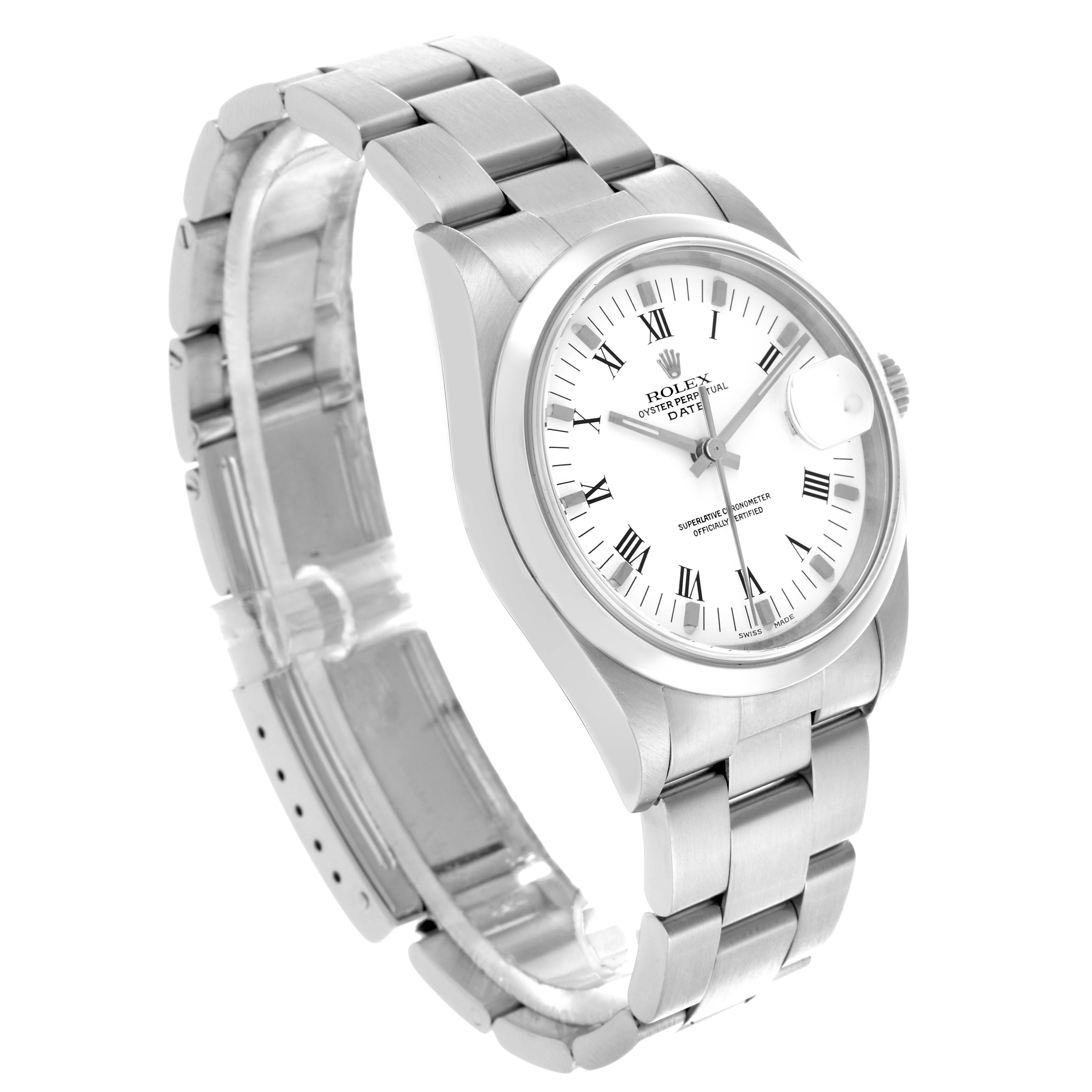 The Rolex Date 15200 Men's Stainless Steel White Dial 15200 Men's Stainless Steel White Dial model watch is shown at a three-quarter angle, highlighting the face, bracelet, and clasp.