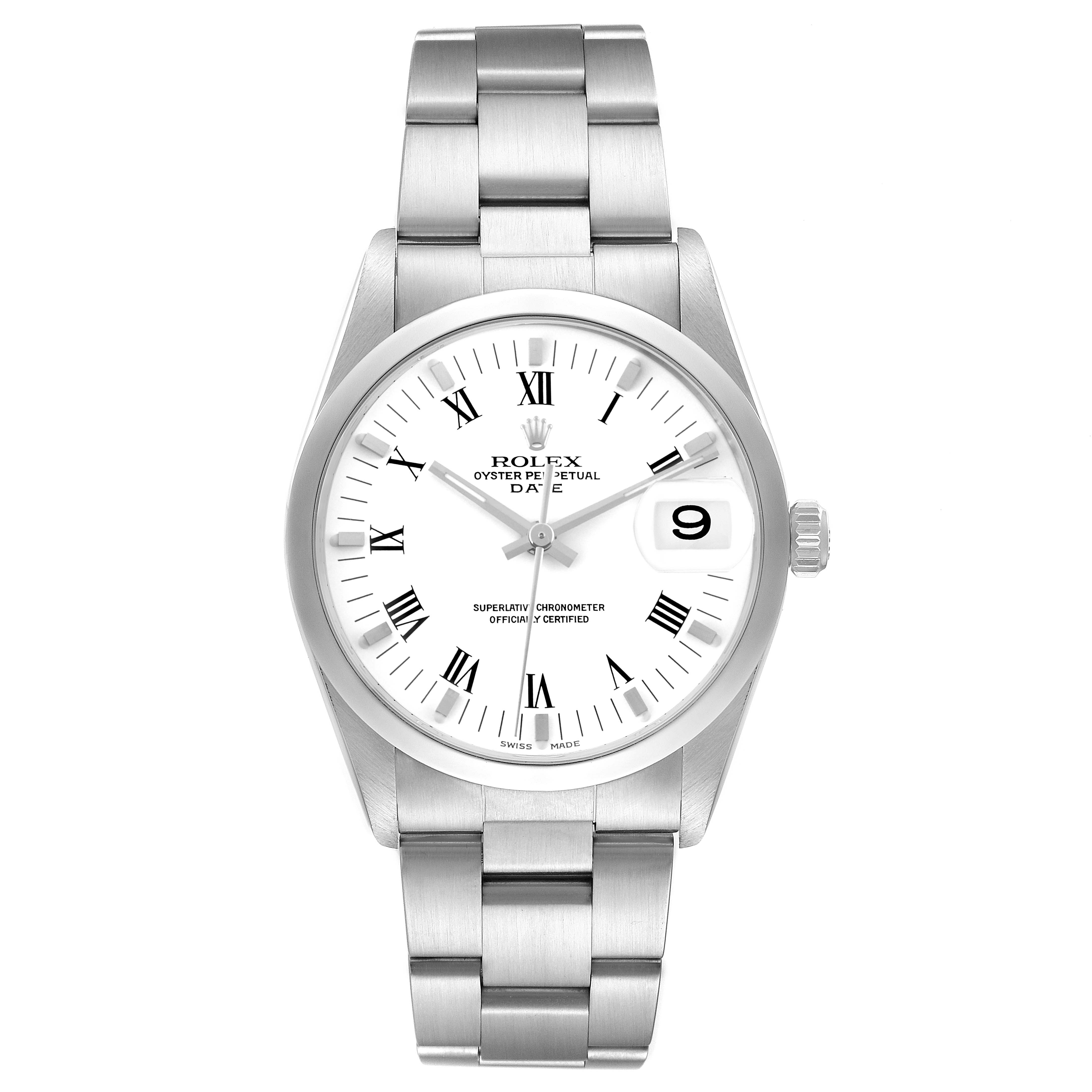 The Rolex Date 15200 Men's Stainless Steel White Dial 15200 Men's Stainless Steel White Dial model is shown from the front, displaying the face, case, bracelet, and date window.