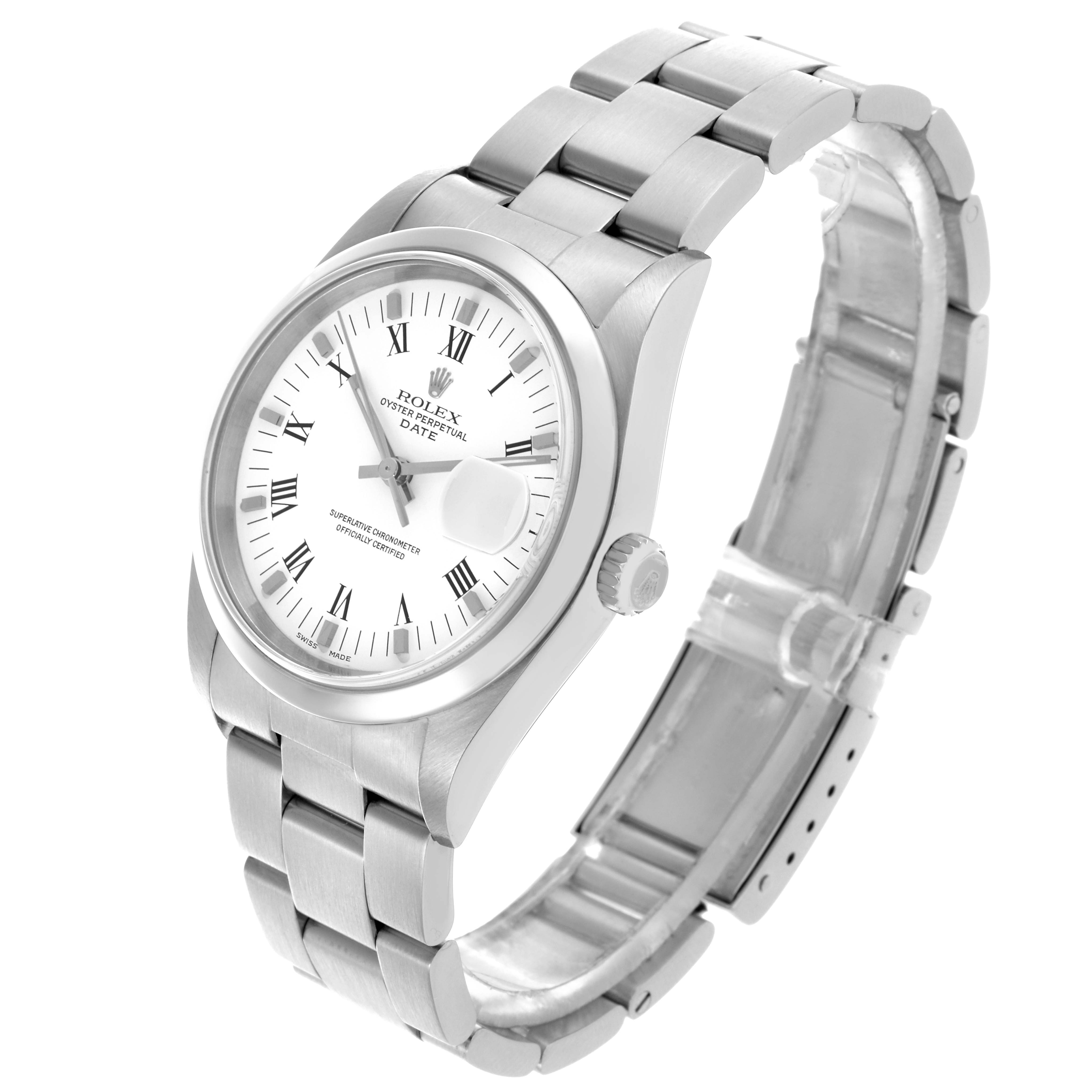The Rolex Date 15200 Men's Stainless Steel White Dial 15200 Men's Stainless Steel White Dial watch is shown at a slight angle, highlighting the face, crown, and full bracelet.