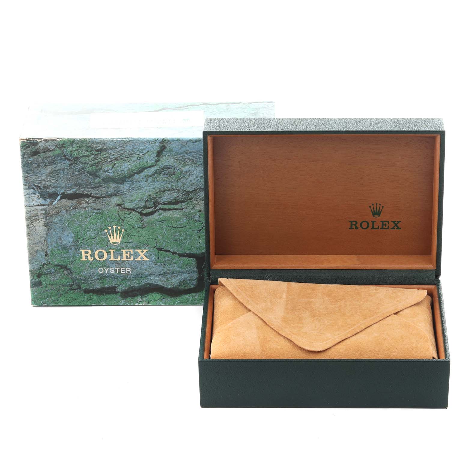 The image shows the packaging for a Rolex Date 15200 Men's Stainless Steel White Dial 15200 Men's Stainless Steel White Dial watch, including an open box with a suede-covered interior.