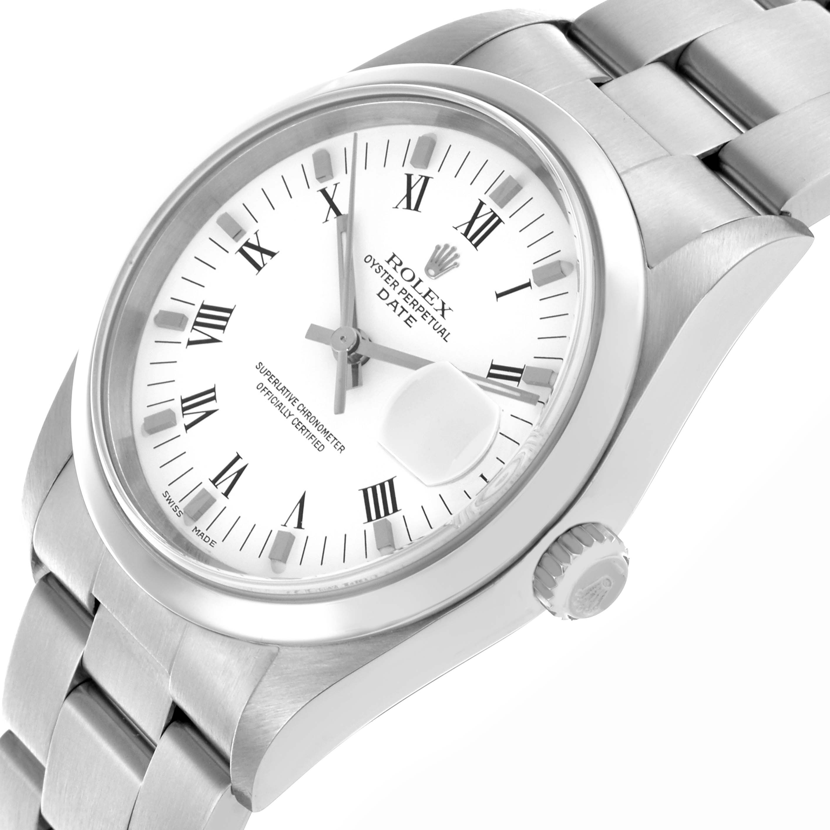 The Rolex Date 15200 Men's Stainless Steel White Dial 15200 Men's Stainless Steel White Dial watch is shown at a side angle, highlighting the face, bezel, crown, and part of the bracelet.