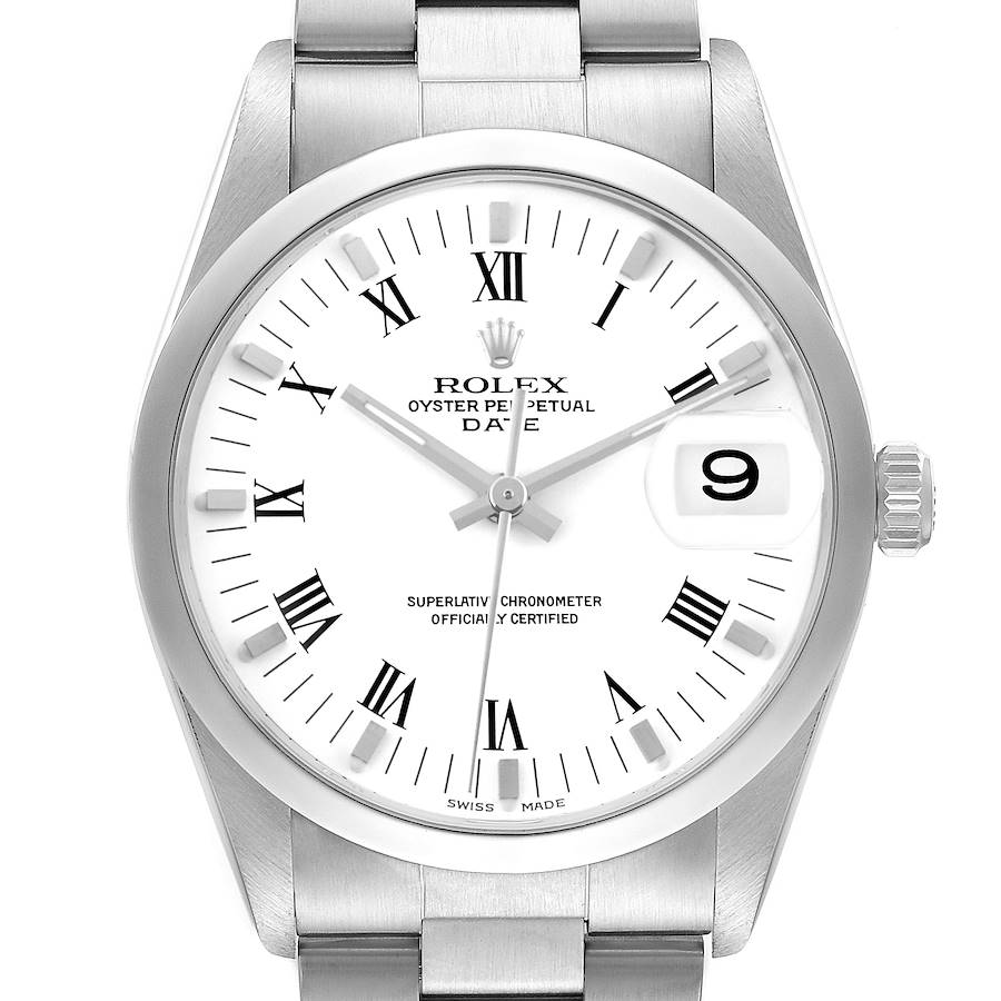 The Rolex Date model is shown from a front angle, displaying its dial, bezel, and partial bracelet.