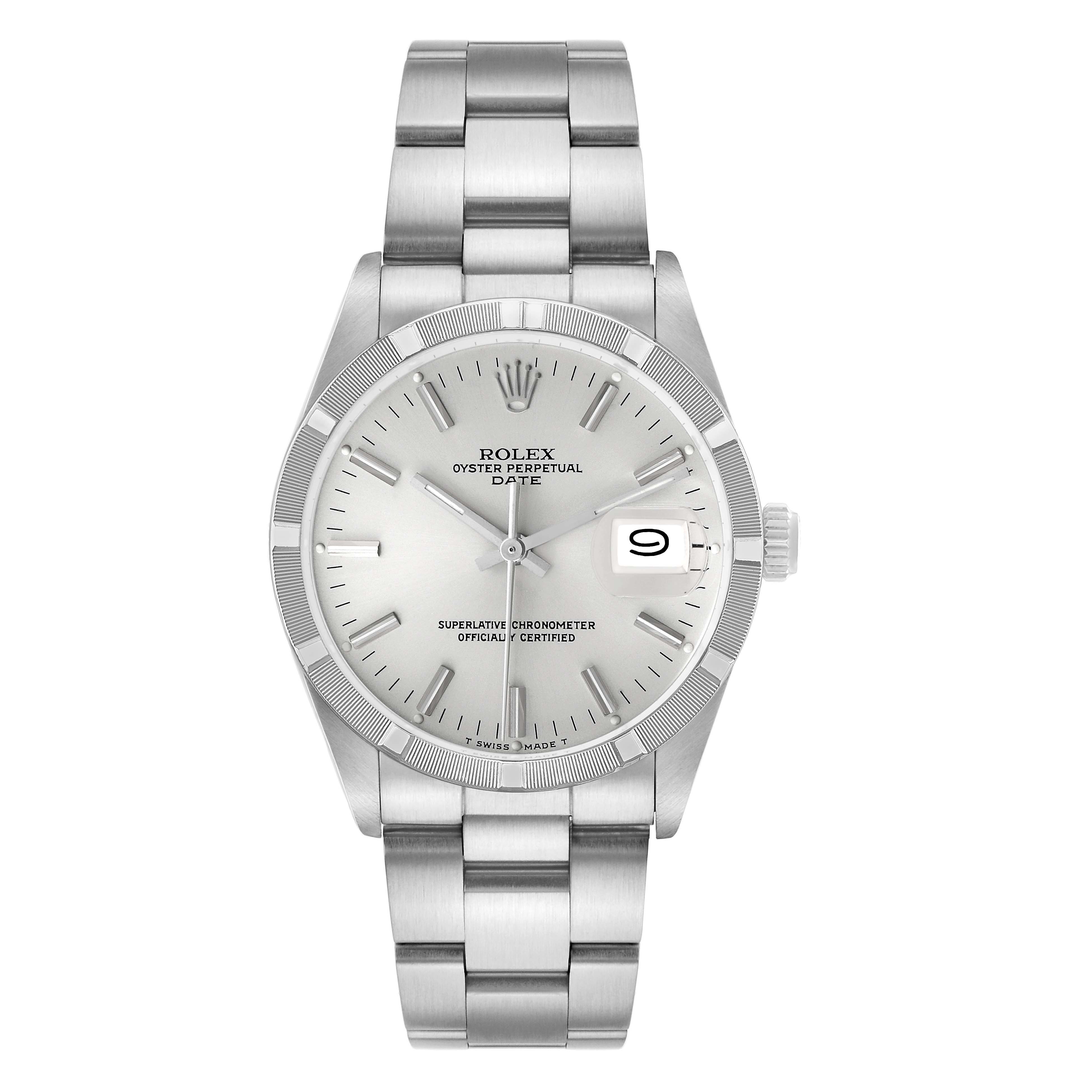 The Rolex Date 15010 Men's Stainless Steel Silver Dial model watch is shown from a front angle, displaying the dial, case, bracelet, and crown.