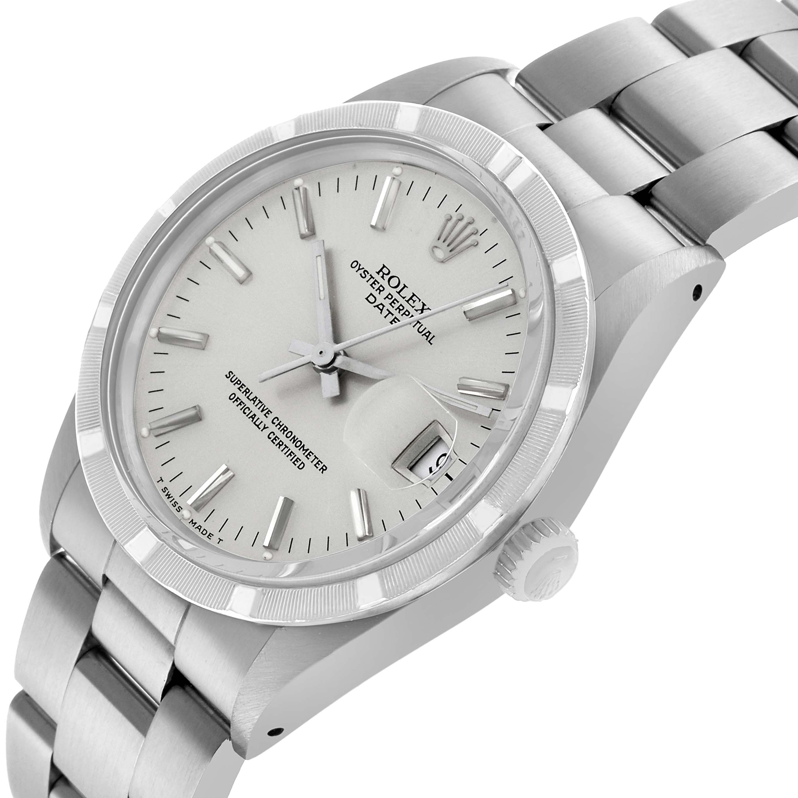 The Rolex Date 15010 Men's Stainless Steel Silver Dial watch is shown at an angle highlighting the face, bezel, crown, and part of the bracelet.
