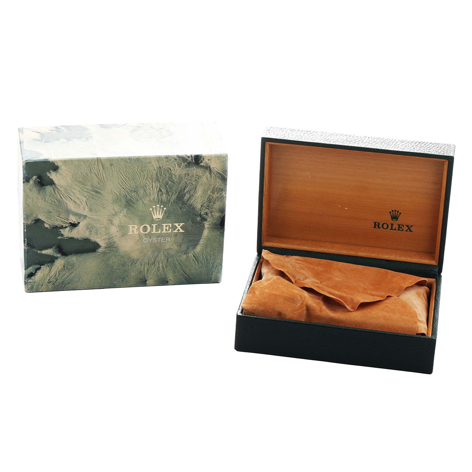 The image shows the packaging for a Rolex Date 15010 Men's Stainless Steel Silver Dial model, featuring its branded box and an open inner case with a cushion.