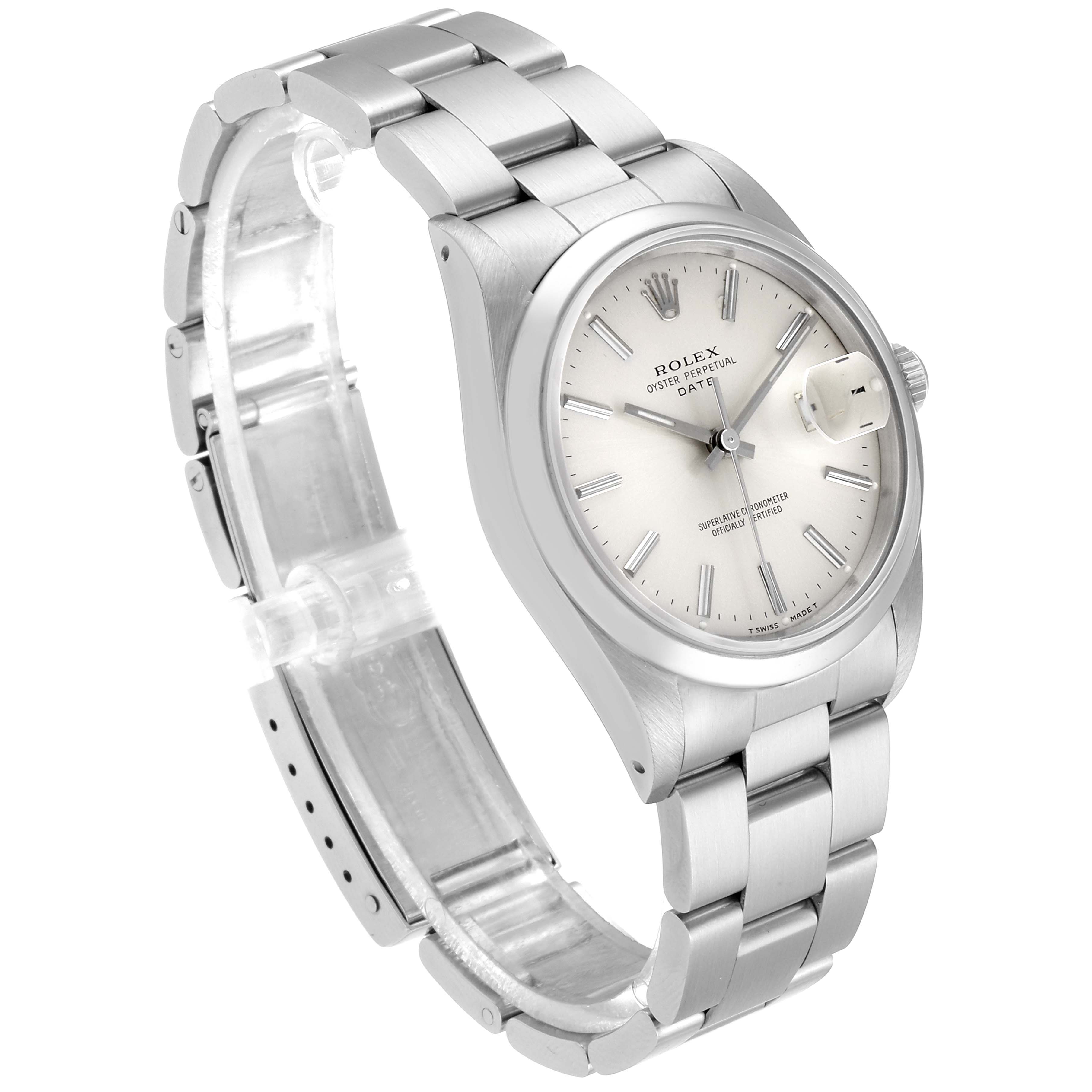 This image shows a silver Rolex Date 15200 Men's Stainless Steel Silver Dial 15200 Men's Stainless Steel Silver Dial model watch at an angled side view, highlighting the dial, bracelet, and crown.