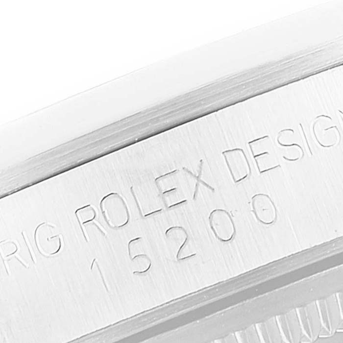This close-up image shows the inner bezel with the model number 15200 for a Rolex Date 15200 Men's Stainless Steel Silver Dial 15200 Men's Stainless Steel Silver Dial watch.