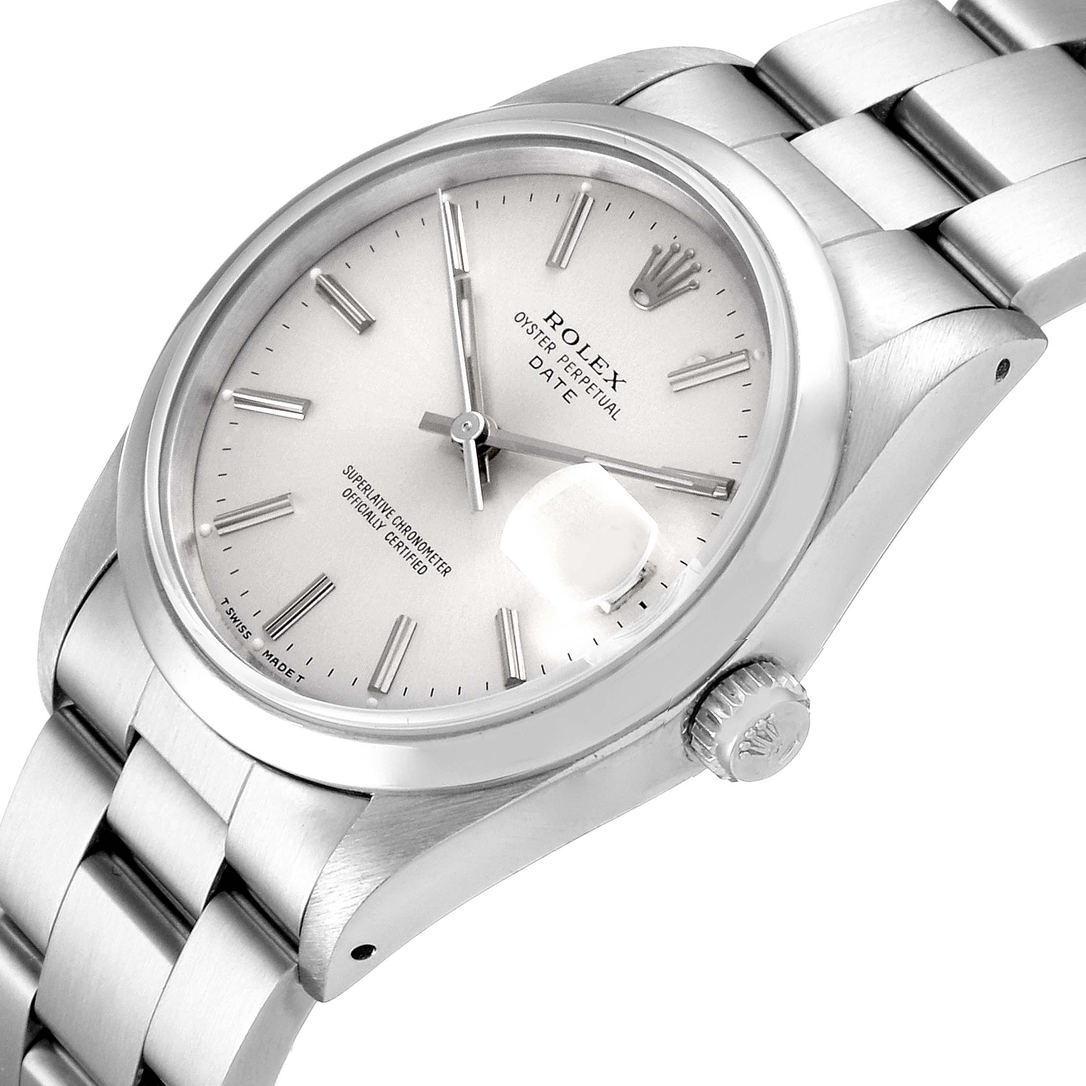 The image shows a Rolex Date 15200 Men's Stainless Steel Silver Dial 15200 Men's Stainless Steel Silver Dial model watch at a tilted angle, highlighting the dial, crown, and part of the bracelet.