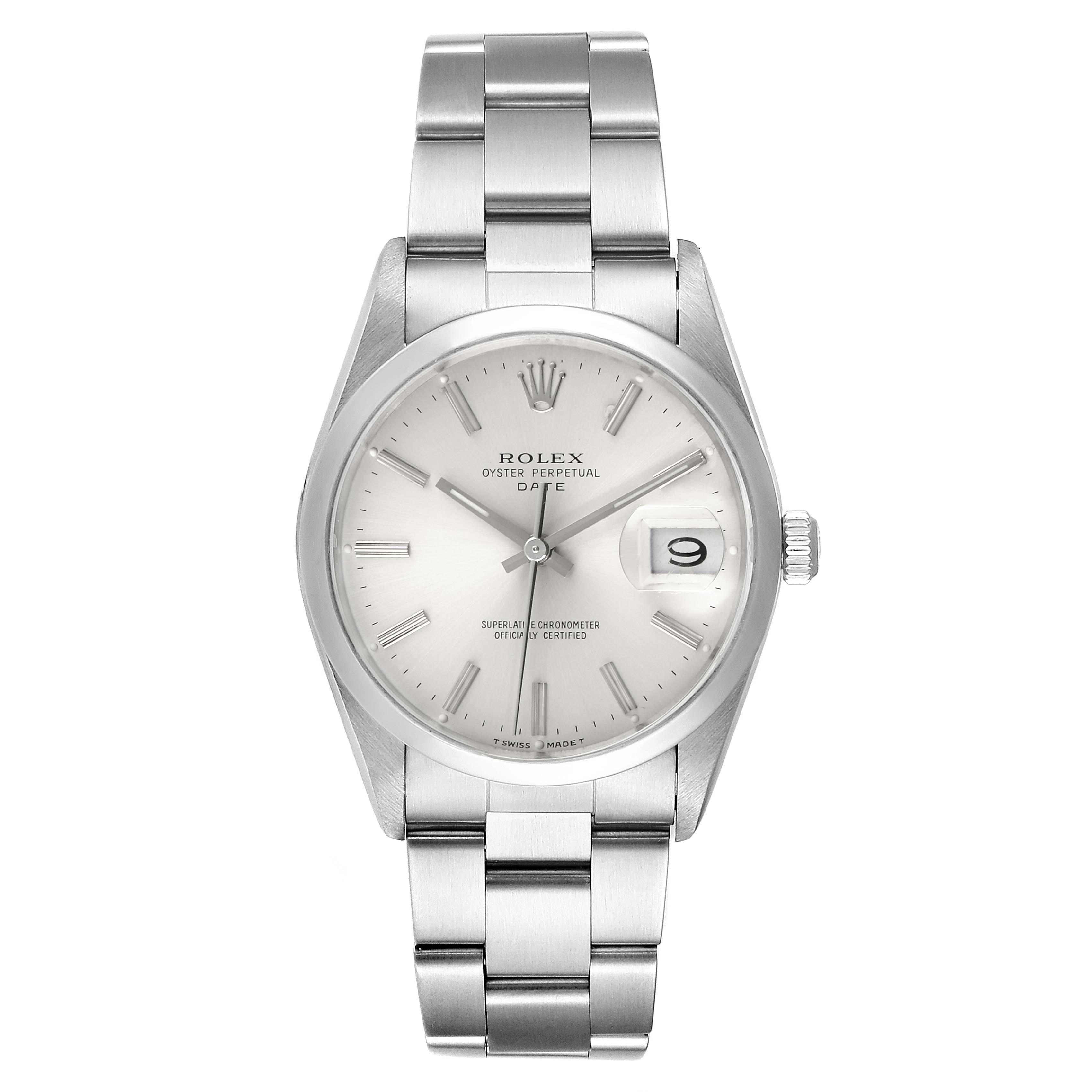 This is a head-on view of the Rolex Date 15200 Men's Stainless Steel Silver Dial 15200 Men's Stainless Steel Silver Dial model watch, showing the face, dial, bezel, crown, and bracelet.