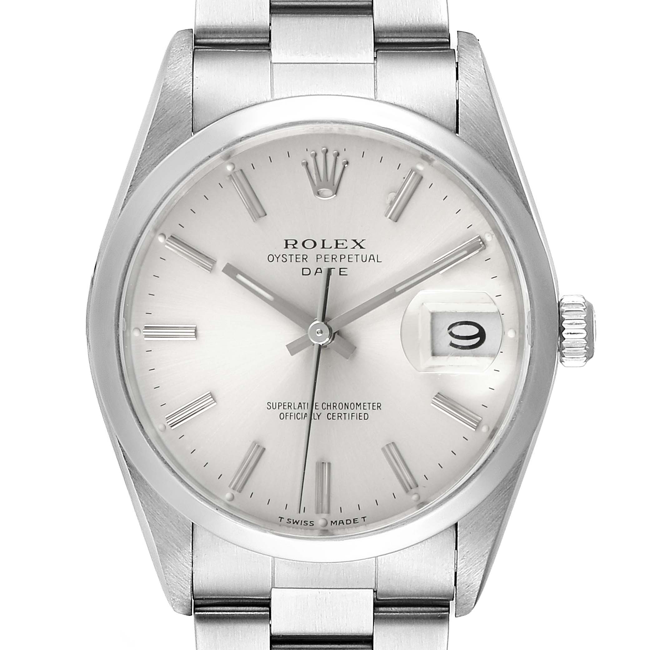 The image shows a front view of a Rolex Date 15200 Men's Stainless Steel Silver Dial 15200 Men's Stainless Steel Silver Dial model watch, featuring its dial, bracelet, crown, and date window.