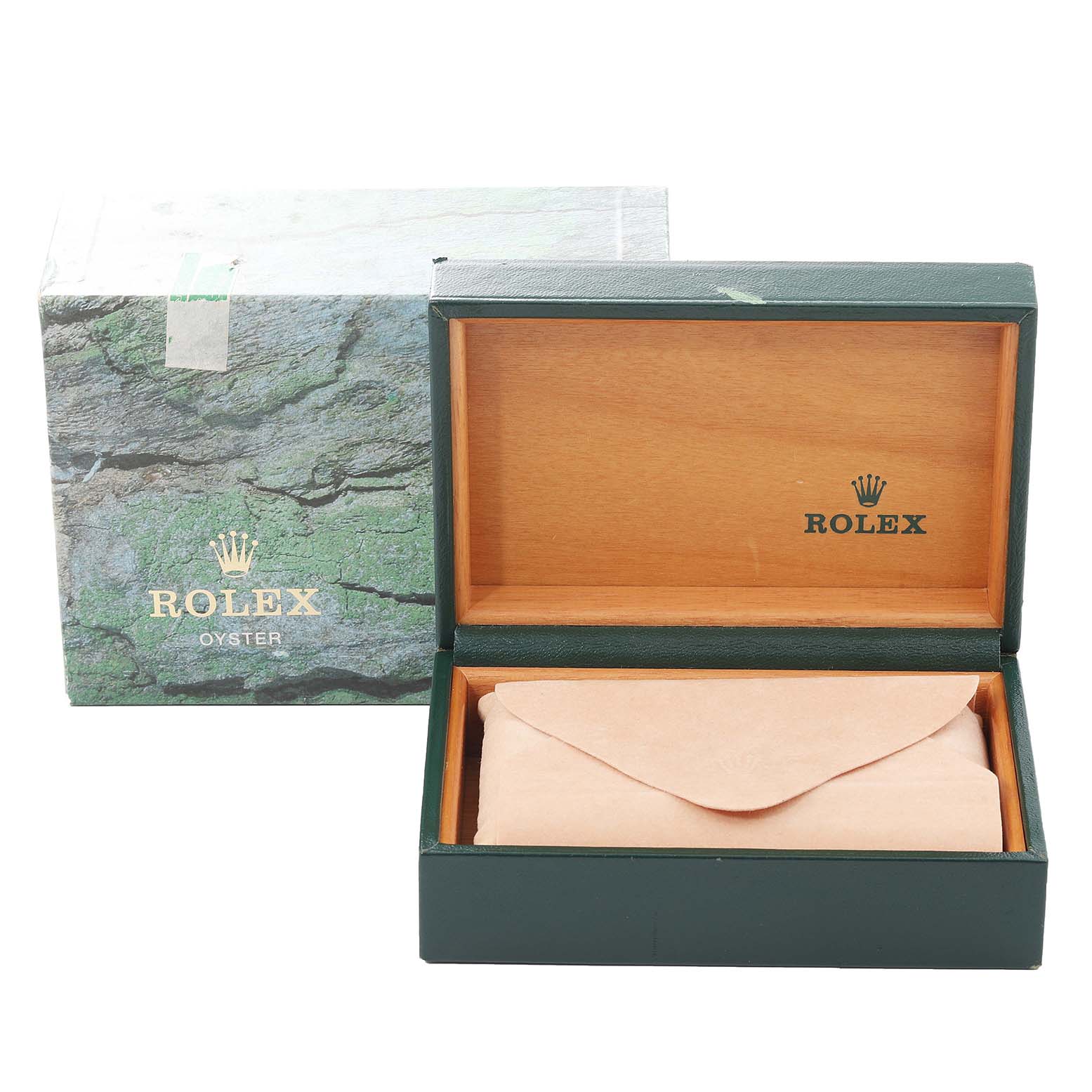 The image shows an open Rolex Date 15210 Men
s Stainless Steel Silver Dial 15210 Men
s Stainless Steel Silver Dial model watch box and its outer packaging.