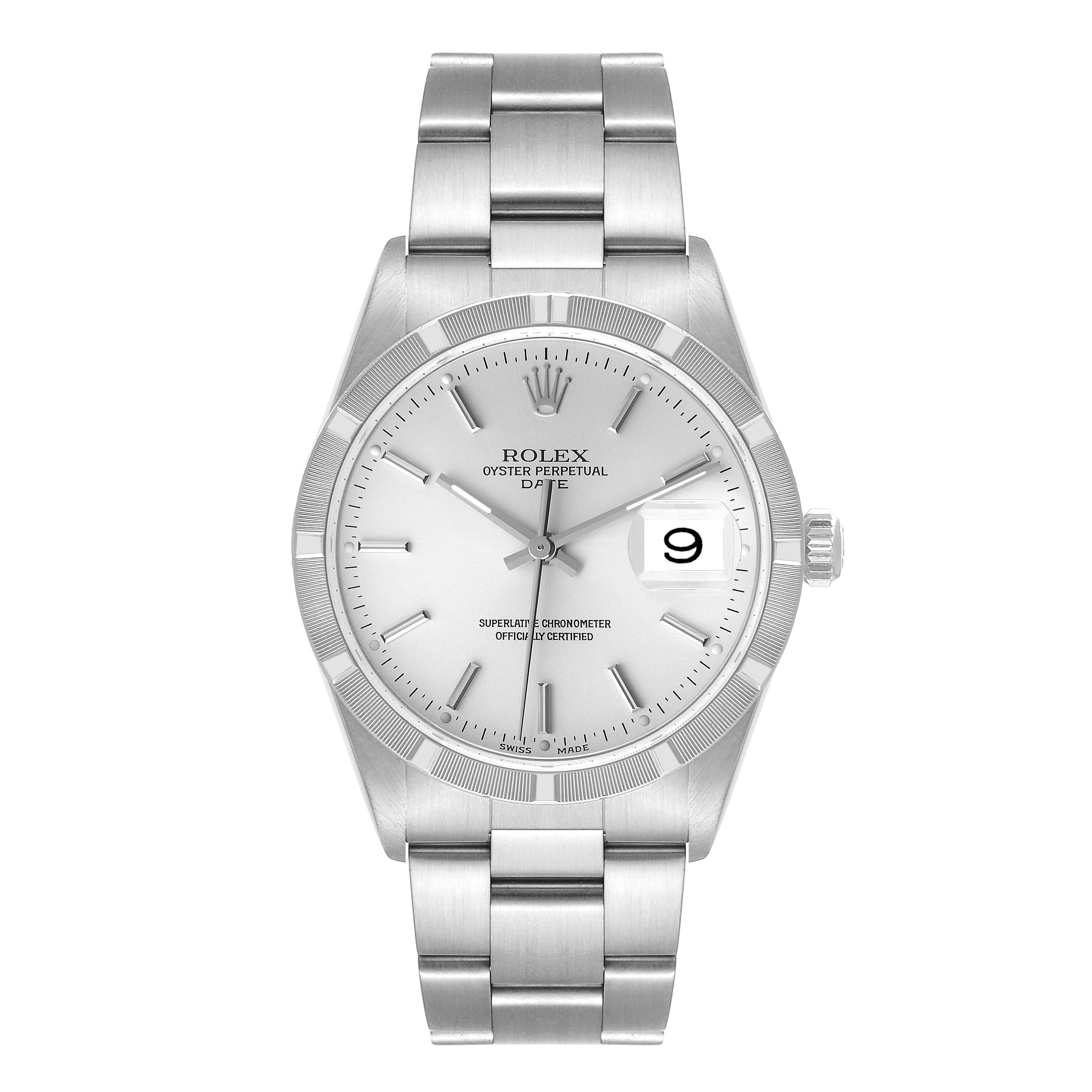 The image shows a front view of a Rolex Date 15210 Men
s Stainless Steel Silver Dial 15210 Men
s Stainless Steel Silver Dial model, highlighting the dial, bracelet, and date window.