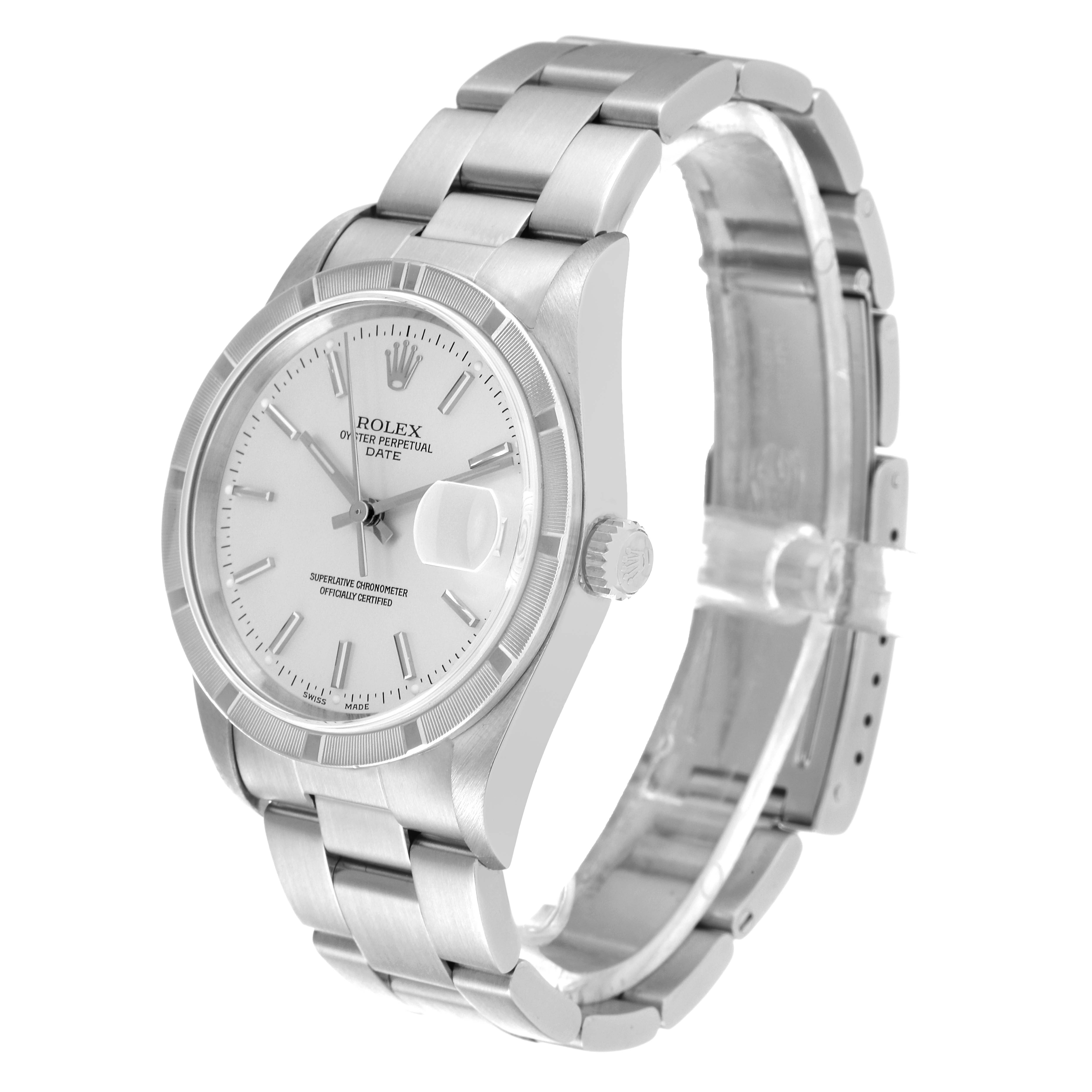 The Rolex Date 15210 Men
s Stainless Steel Silver Dial 15210 Men
s Stainless Steel Silver Dial watch model is shown at a slight angle, featuring its face, bezel, crown, and part of the bracelet.
