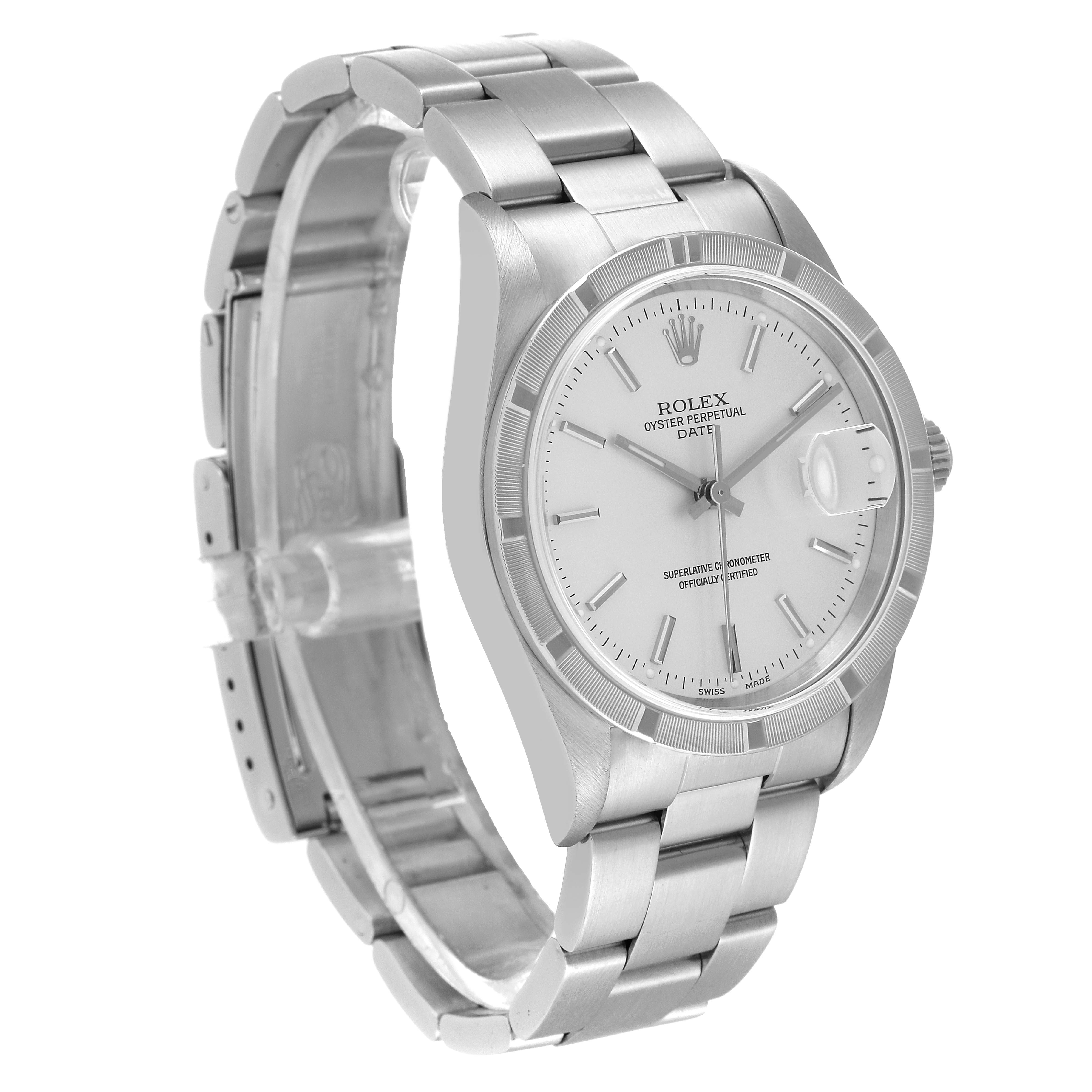 The Rolex Date 15210 Men
s Stainless Steel Silver Dial 15210 Men
s Stainless Steel Silver Dial model is shown at a slight side angle, displaying the watch face, bracelet, and clasp.