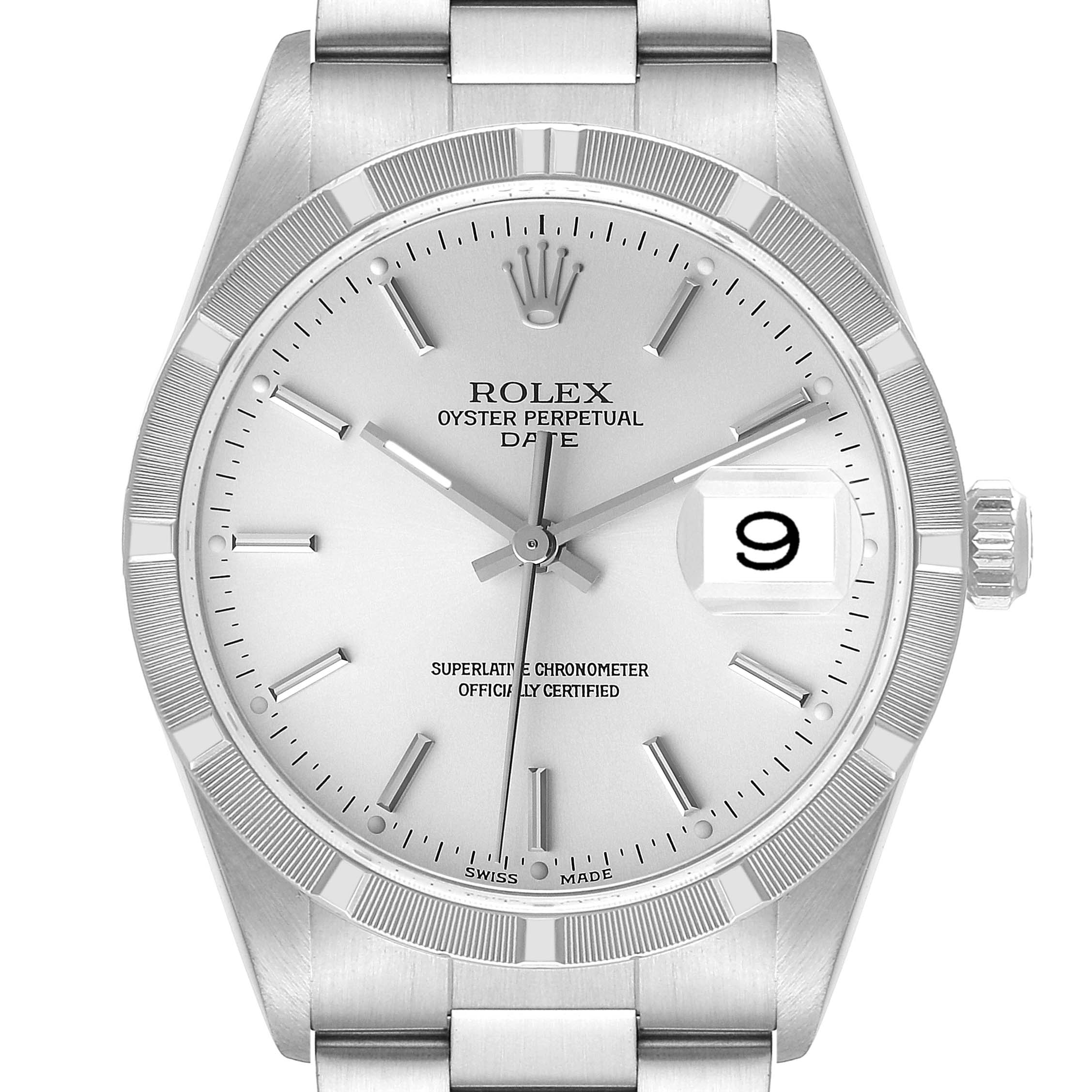 The image shows a close-up of the face and bezel of a Rolex Date 15210 Men
s Stainless Steel Silver Dial 15210 Men
s Stainless Steel Silver Dial model watch, featuring the dial, hands, and date window.