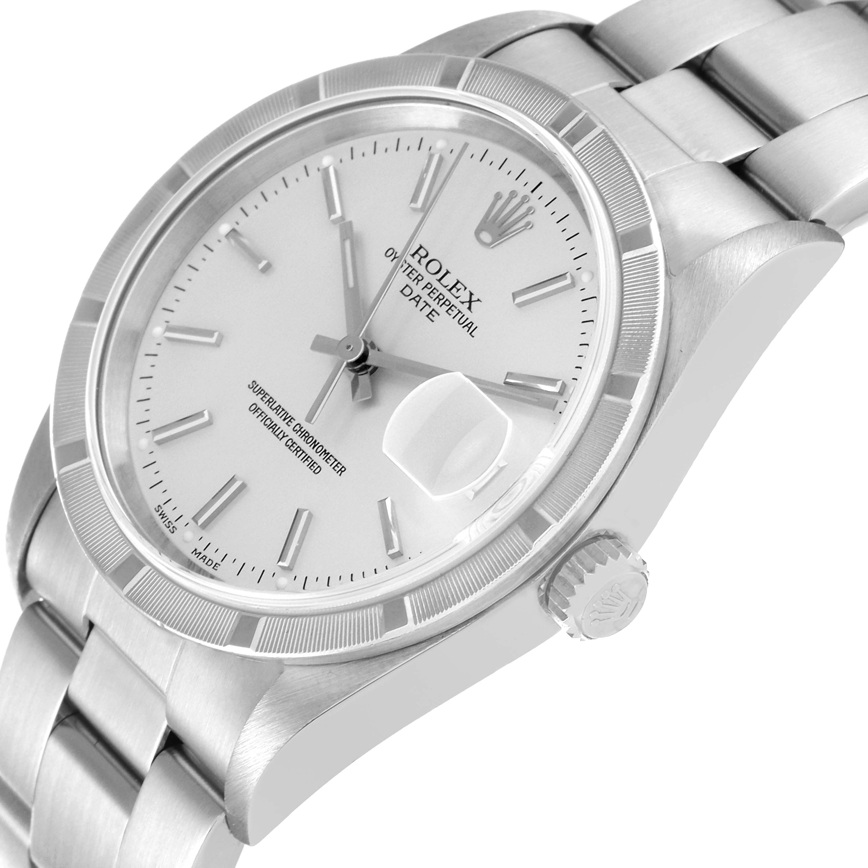 This image shows an angled view of the Rolex Date 15210 Men
s Stainless Steel Silver Dial 15210 Men
s Stainless Steel Silver Dial model, highlighting the dial, crown, and part of the bracelet.