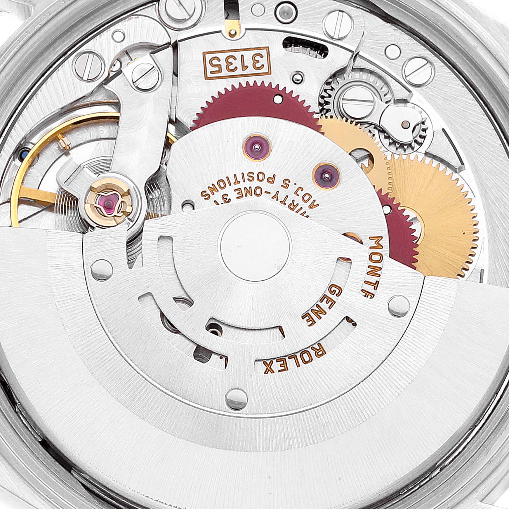 This image shows the intricate movement mechanism of a Rolex Date 15210 Men
s Stainless Steel Silver Dial 15210 Men
s Stainless Steel Silver Dial model watch, viewed from a close-up angle.