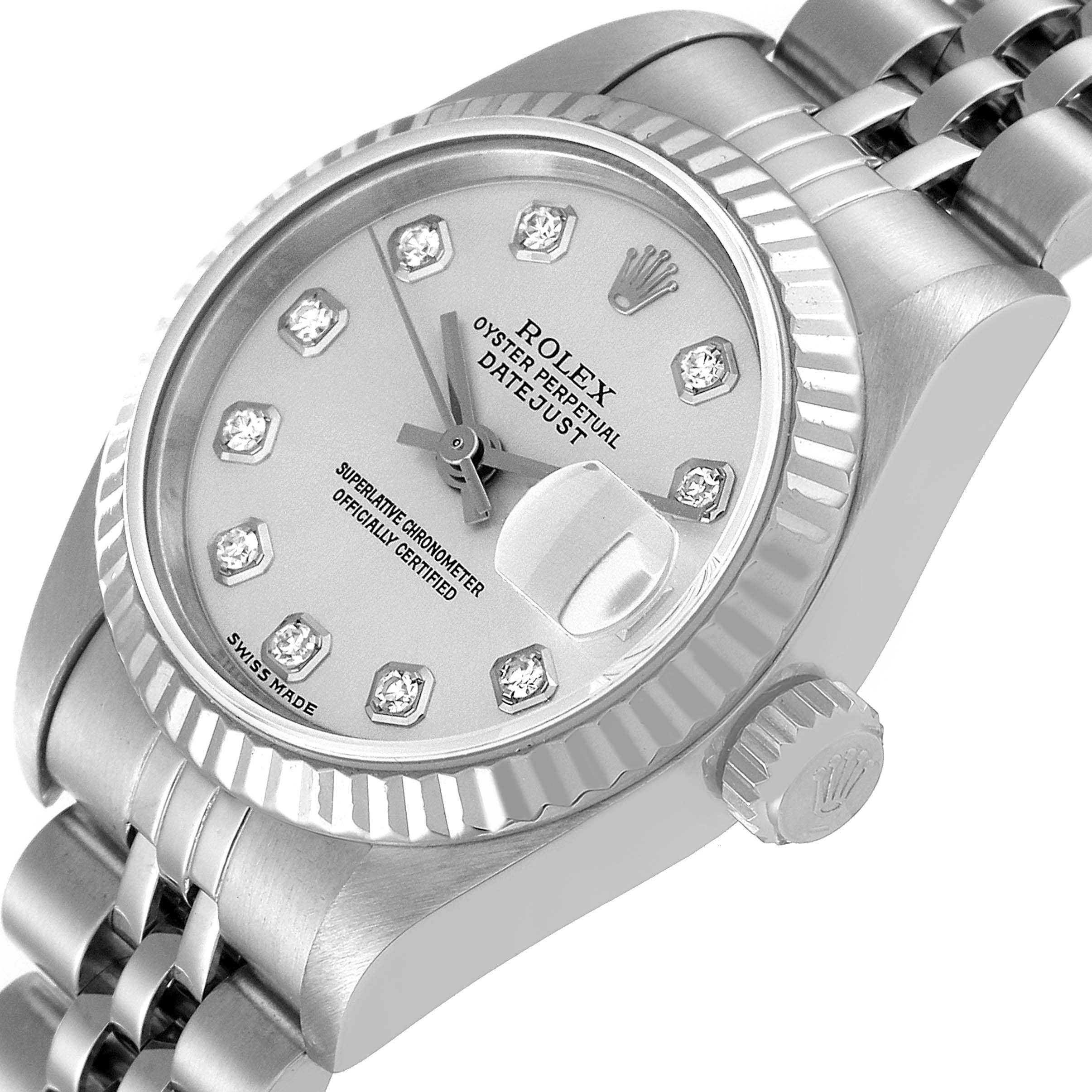 This close-up image shows the dial, crown, and part of the band of a Rolex Datejust 79174 Women's Stainless Steel Silver Dial 79174 Women's Stainless Steel Silver Dial watch at a slight angle.