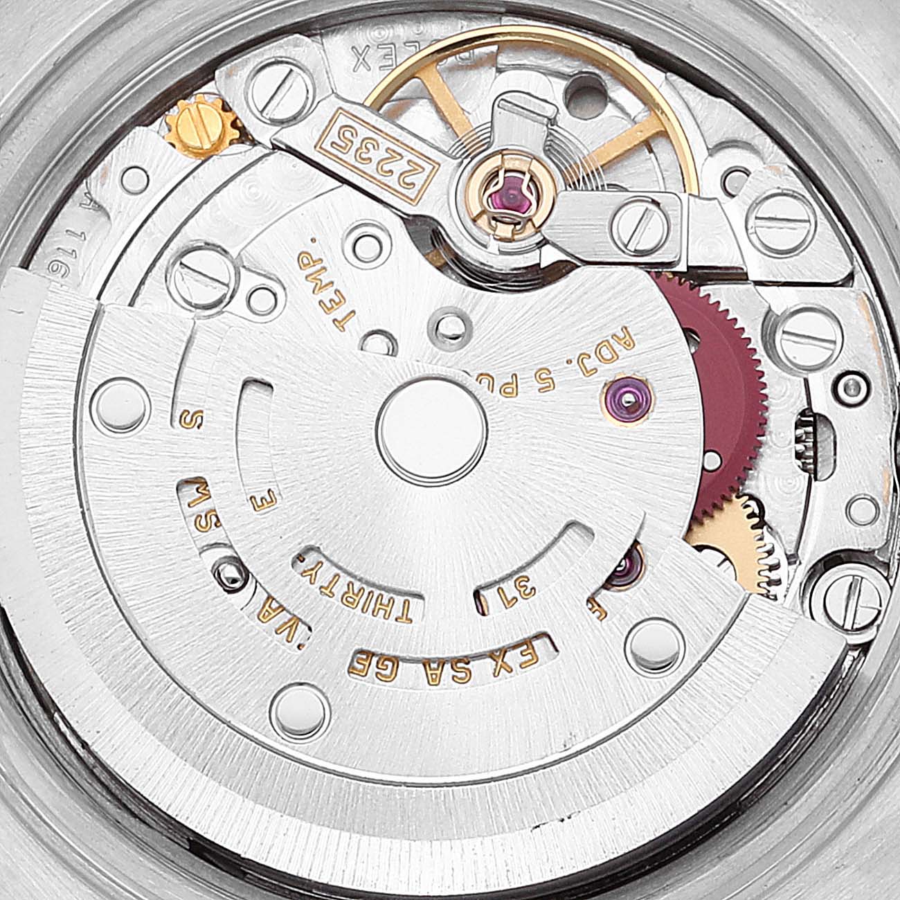 The image shows an up-close view of the movement and internal components of a Rolex Datejust 79174 Women's Stainless Steel Silver Dial 79174 Women's Stainless Steel Silver Dial watch.