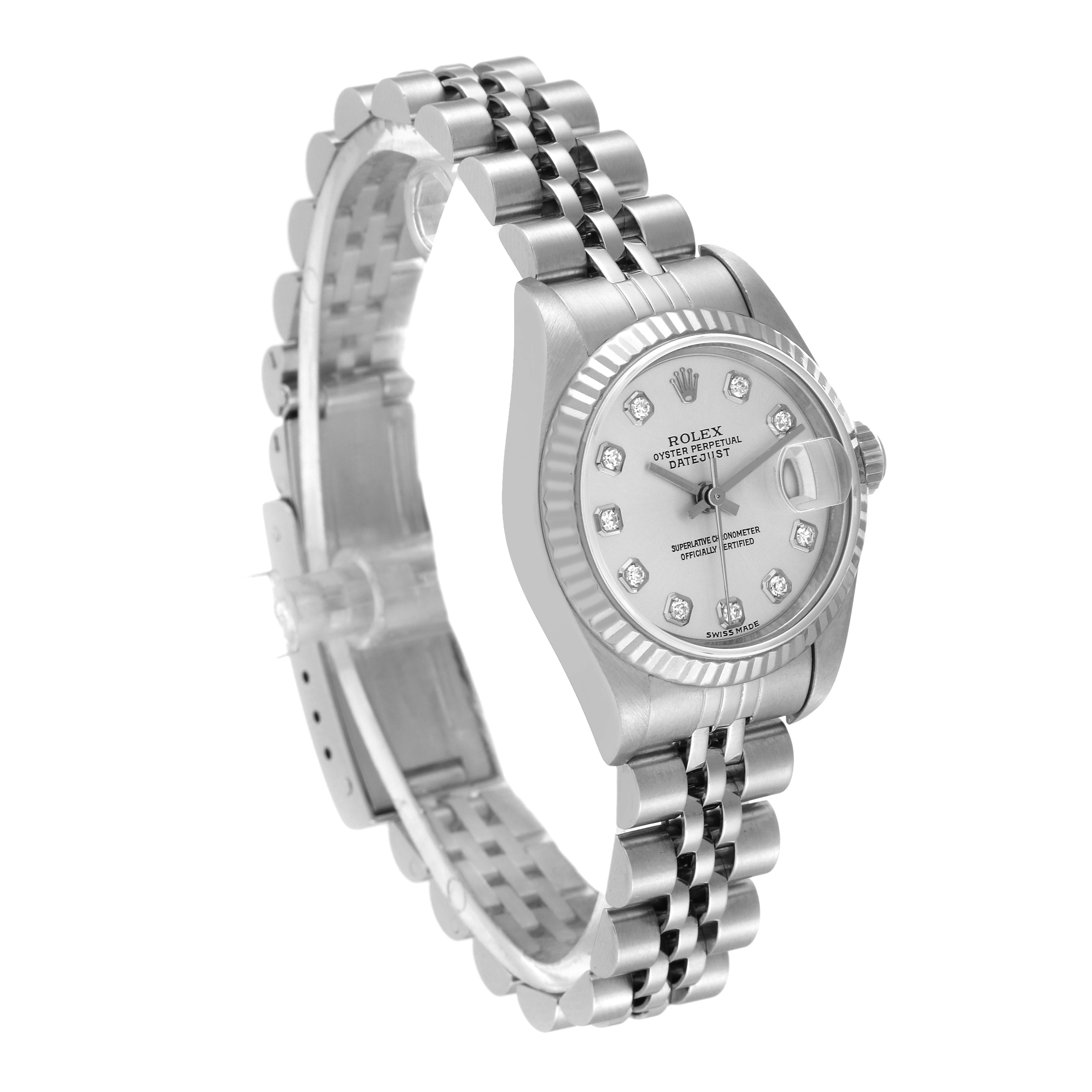 The image shows a Rolex Datejust 79174 Women's Stainless Steel Silver Dial 79174 Women's Stainless Steel Silver Dial watch from an angled perspective, highlighting its face, fluted bezel, and Jubilee bracelet.
