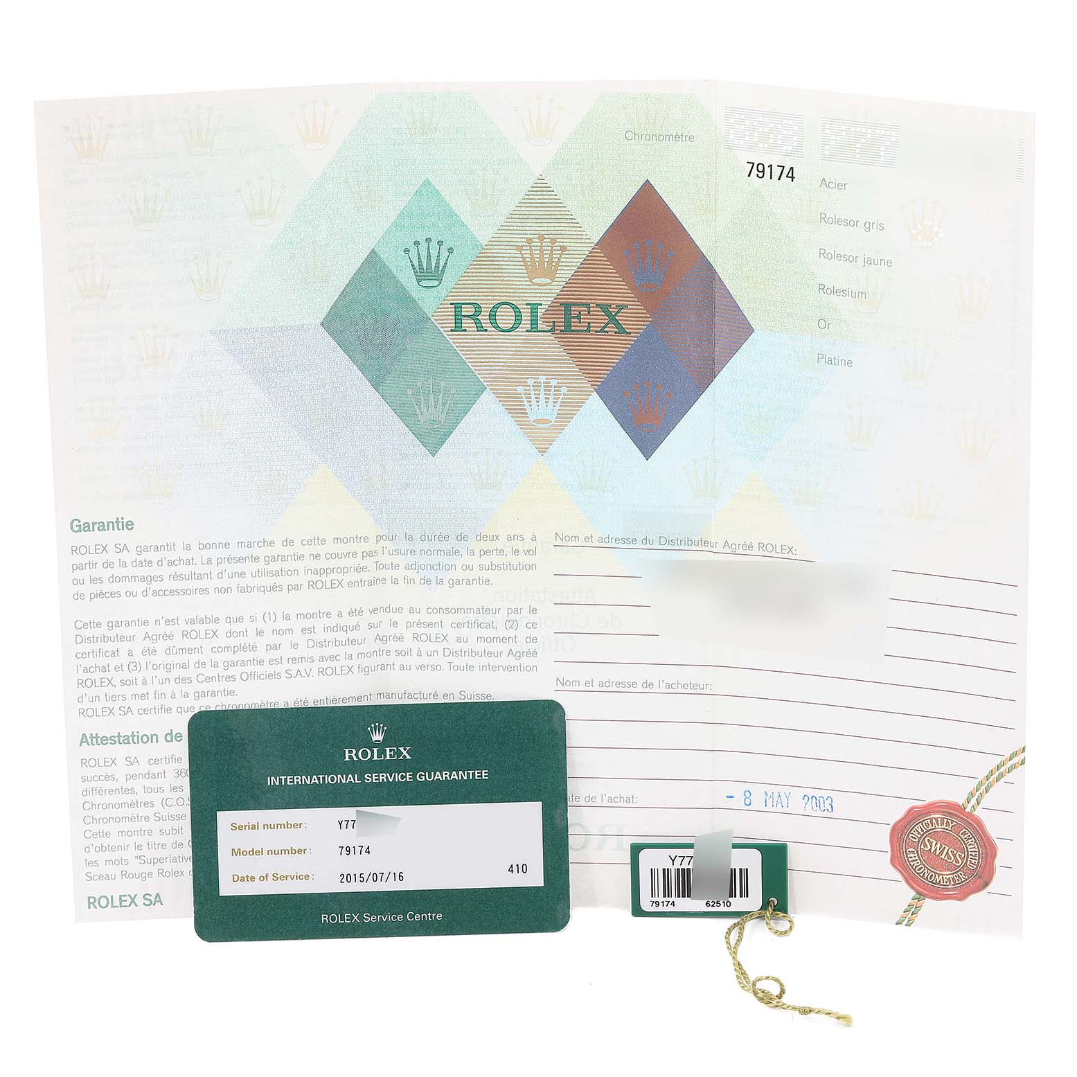 The image shows warranty papers, an international service guarantee card, and a tag for a Rolex Datejust 79174 Women's Stainless Steel Silver Dial 79174 Women's Stainless Steel Silver Dial model watch.