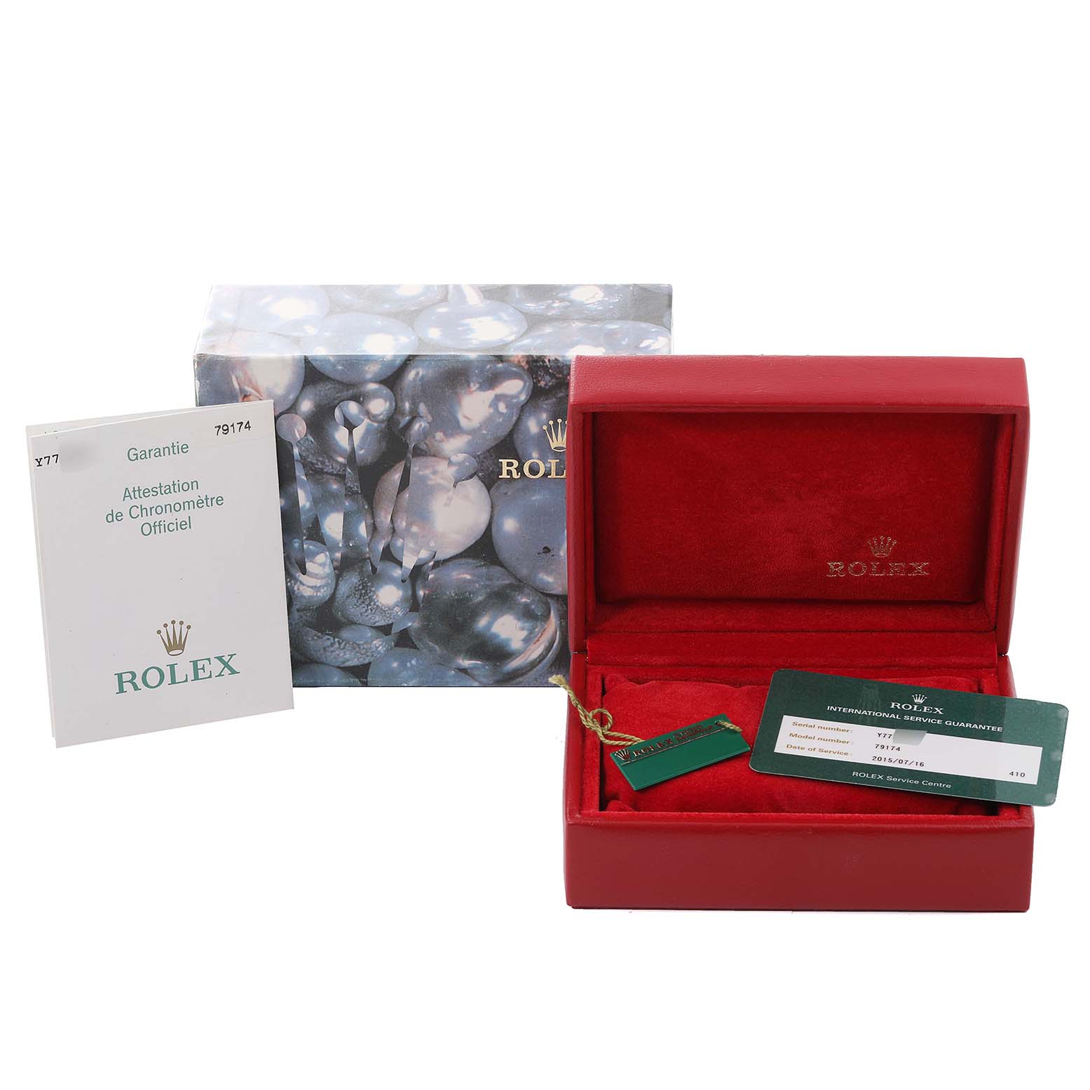 The image shows a Rolex Datejust 79174 Women's Stainless Steel Silver Dial 79174 Women's Stainless Steel Silver Dial watch box, service warranty card, and a manual.