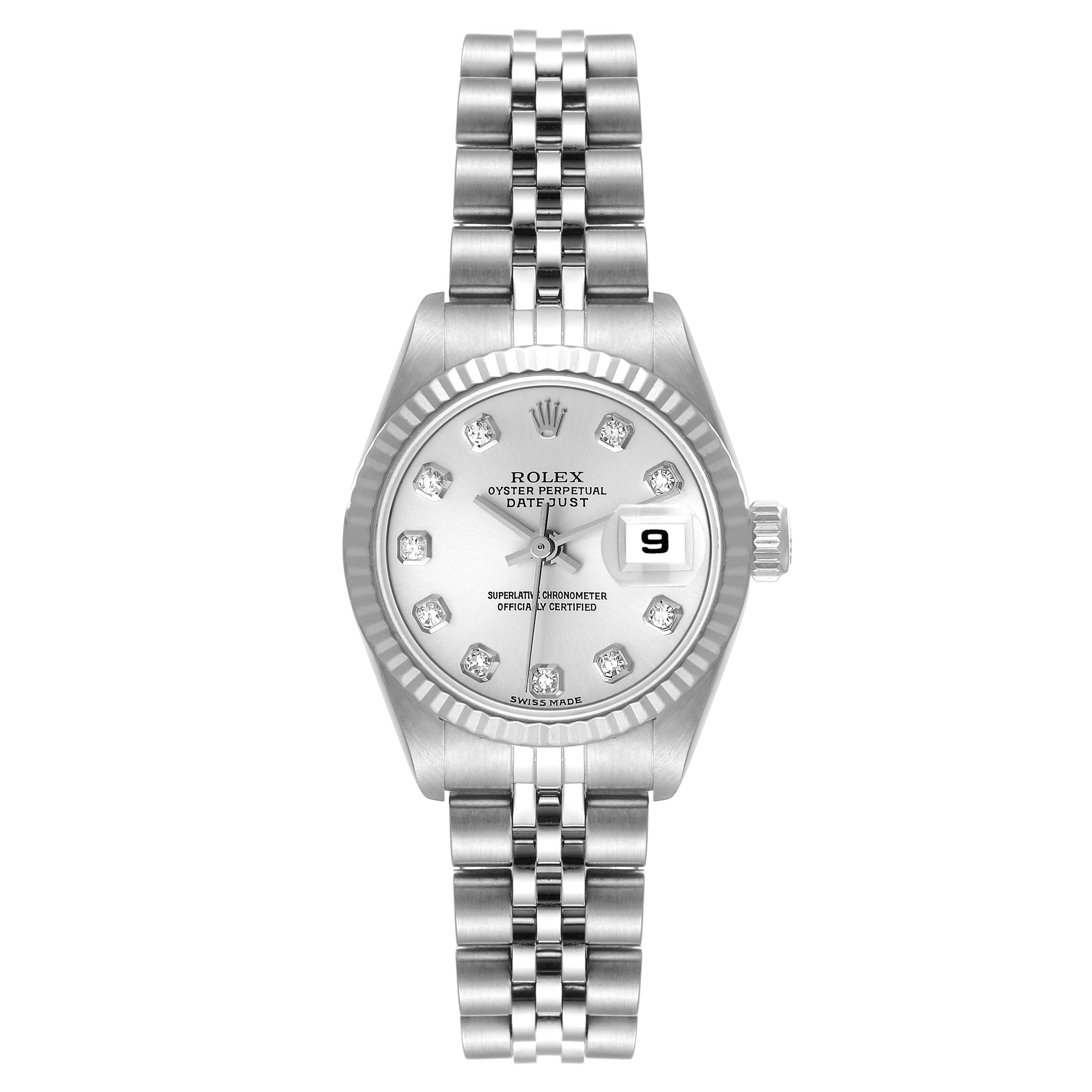 The Rolex Datejust 79174 Women's Stainless Steel Silver Dial 79174 Women's Stainless Steel Silver Dial watch is shown from a top-down angle, displaying the face, bezel, case, crown, and bracelet.