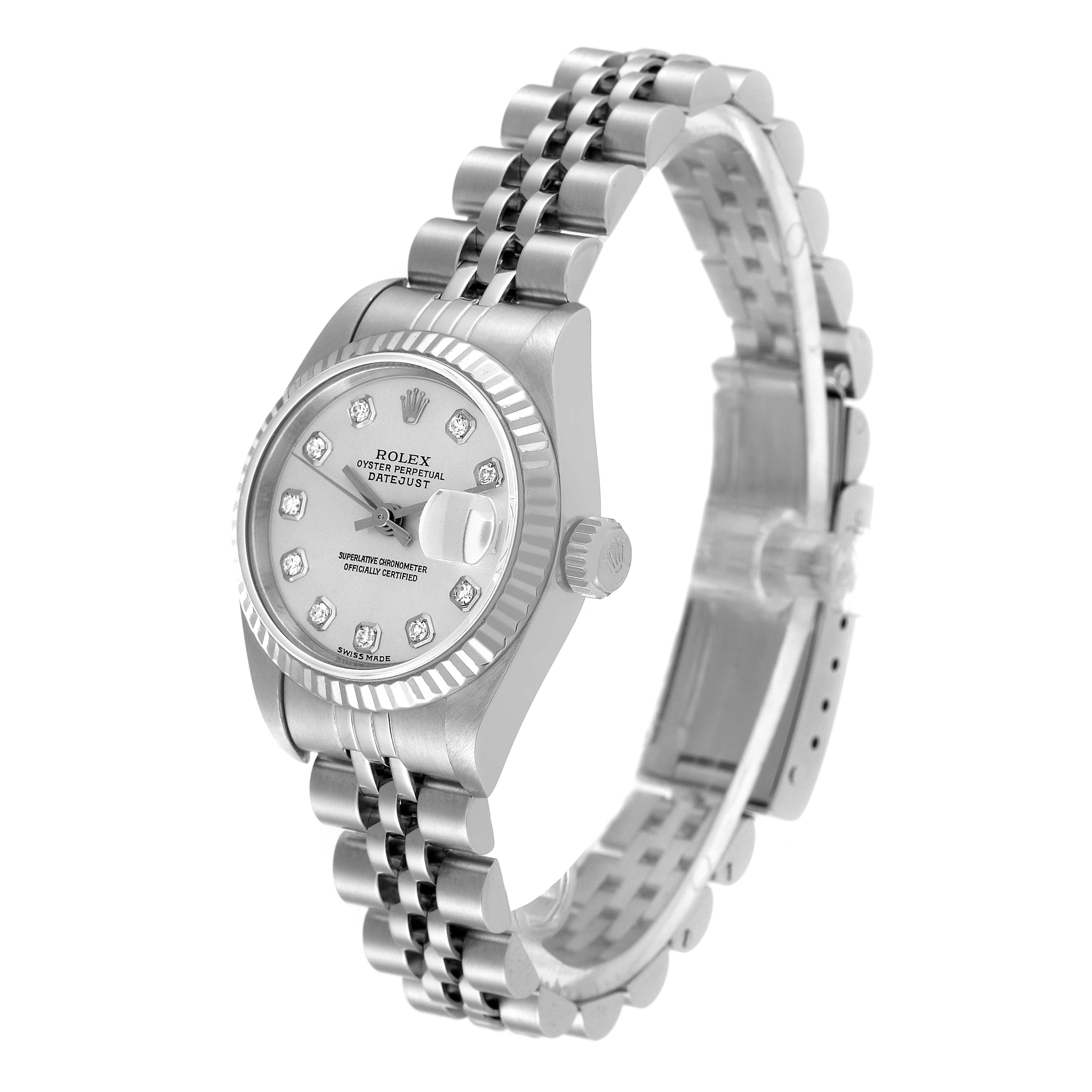 The image shows a Rolex Datejust 79174 Women's Stainless Steel Silver Dial 79174 Women's Stainless Steel Silver Dial watch at a front-side angle, highlighting its face, bezel, crown, and band.