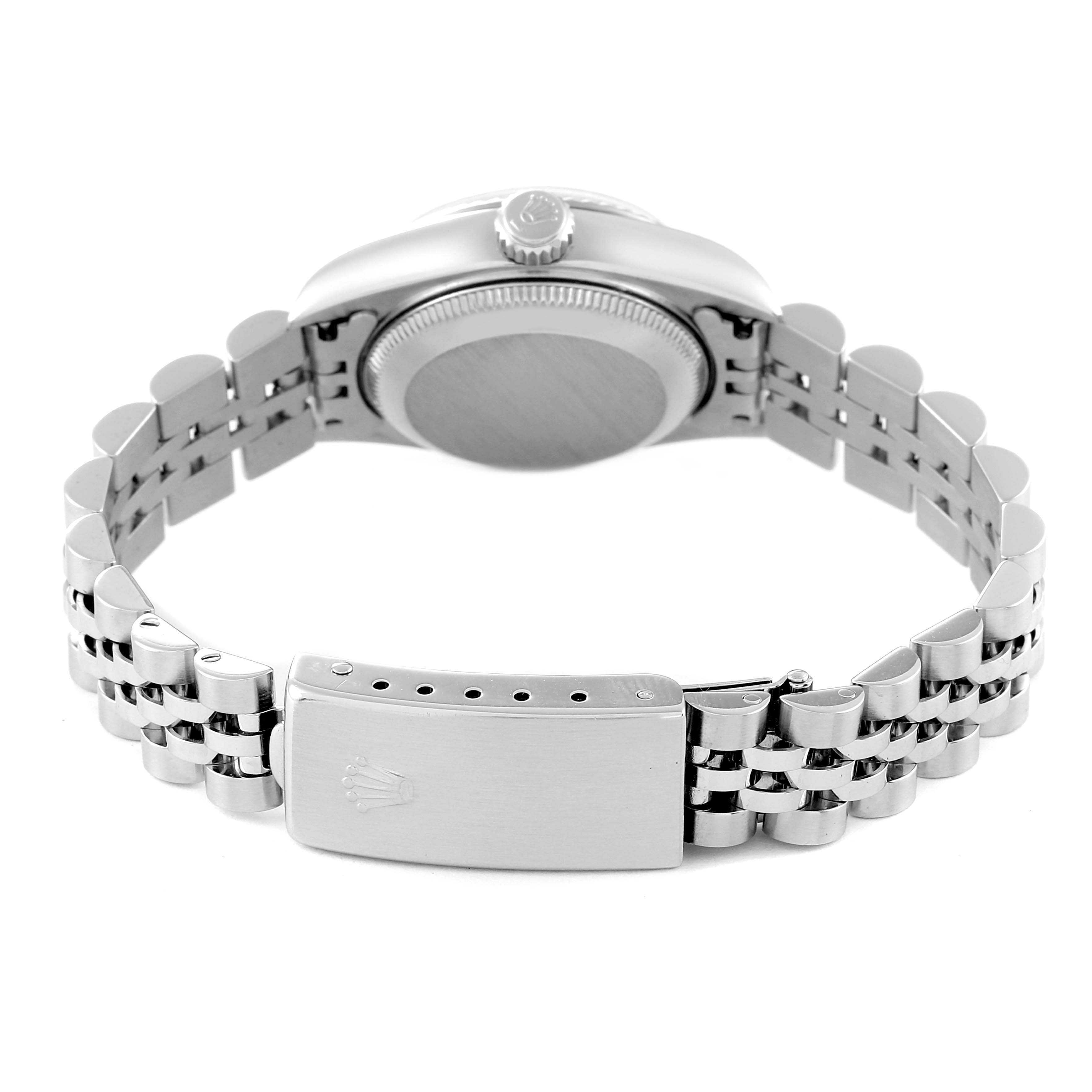 The image shows the back of a Rolex Datejust 79174 Women's Stainless Steel Silver Dial 79174 Women's Stainless Steel Silver Dial watch, highlighting the case back, crown, and metal bracelet with the clasp fully visible.