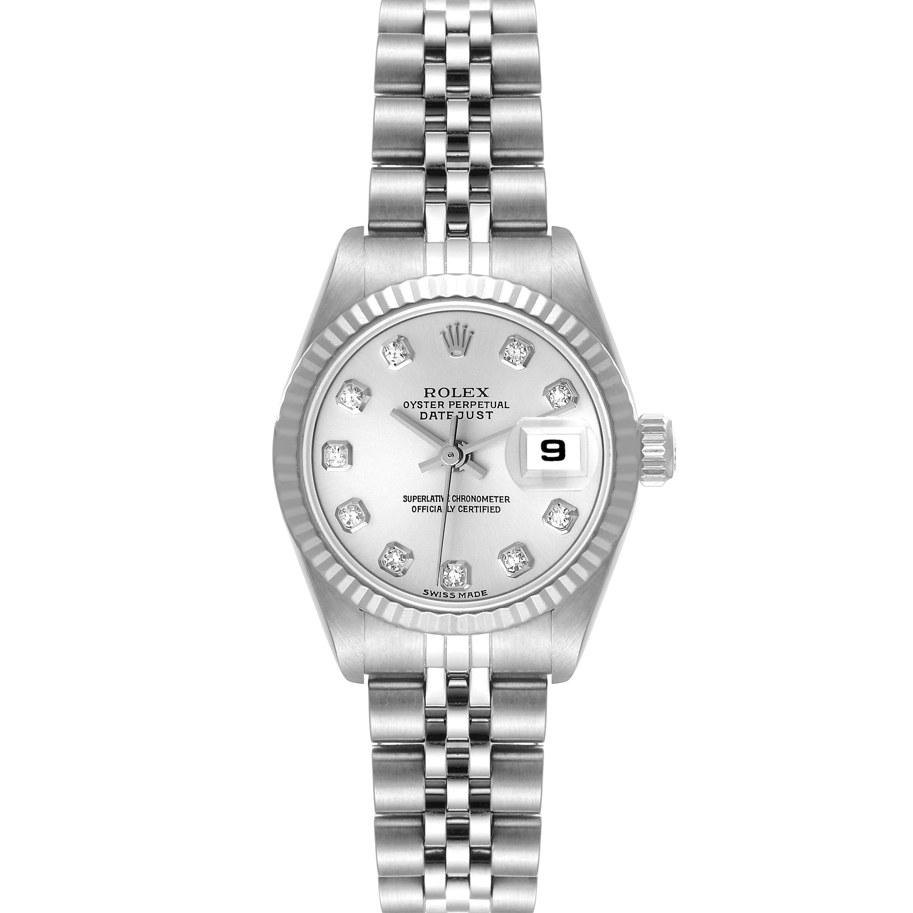 The image shows a front view of a Rolex Datejust 79174 Women's Stainless Steel Silver Dial 79174 Women's Stainless Steel Silver Dial watch, featuring the face, bezel, crown, and bracelet.