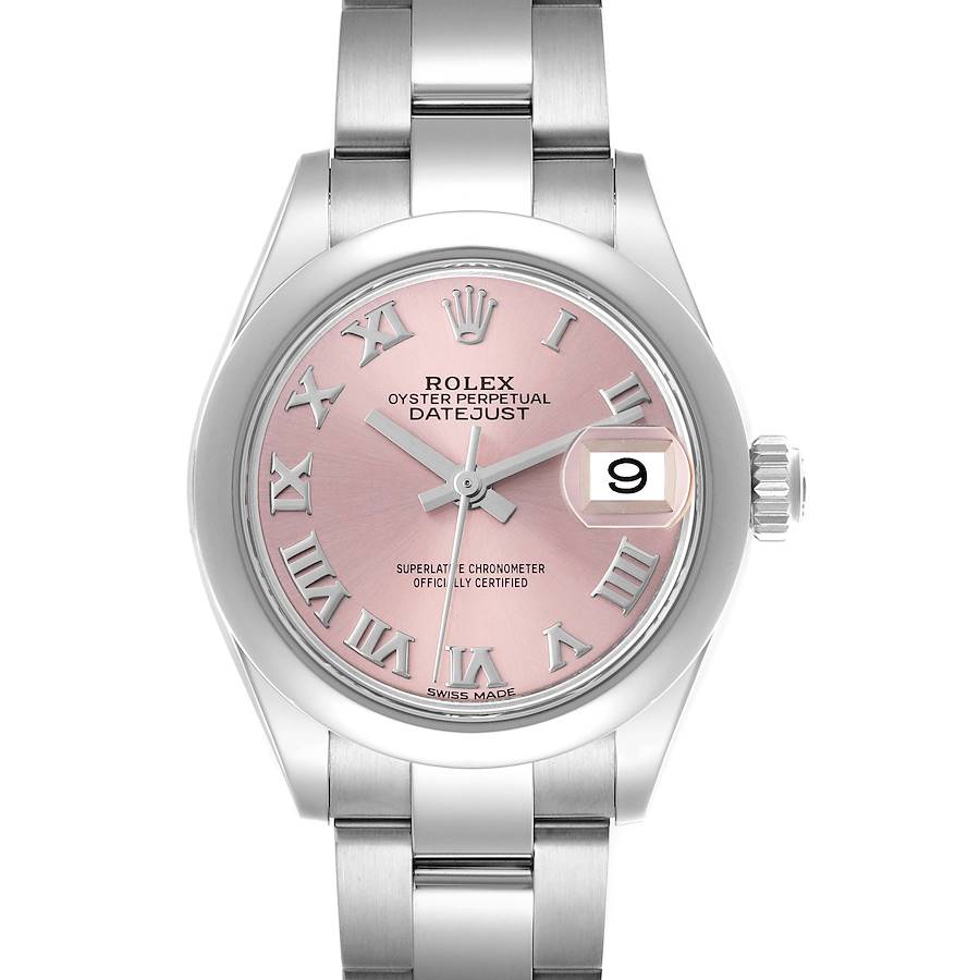 The Rolex Datejust watch is shown from a front angle, displaying the dial, bezel, bracelet, and crown.