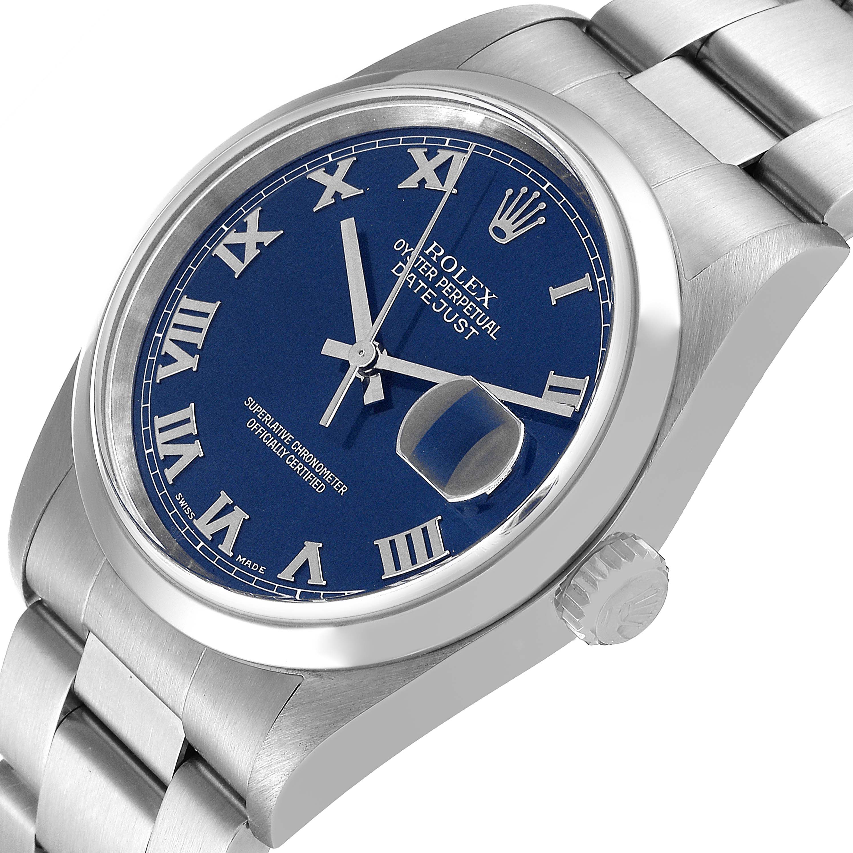 The Rolex Datejust 16200 Men's Stainless Steel Blue Dial 16200 Men's Stainless Steel Blue Dial watch is shown from a slightly angled top view emphasizing the blue dial, bezel, and a portion of the bracelet.