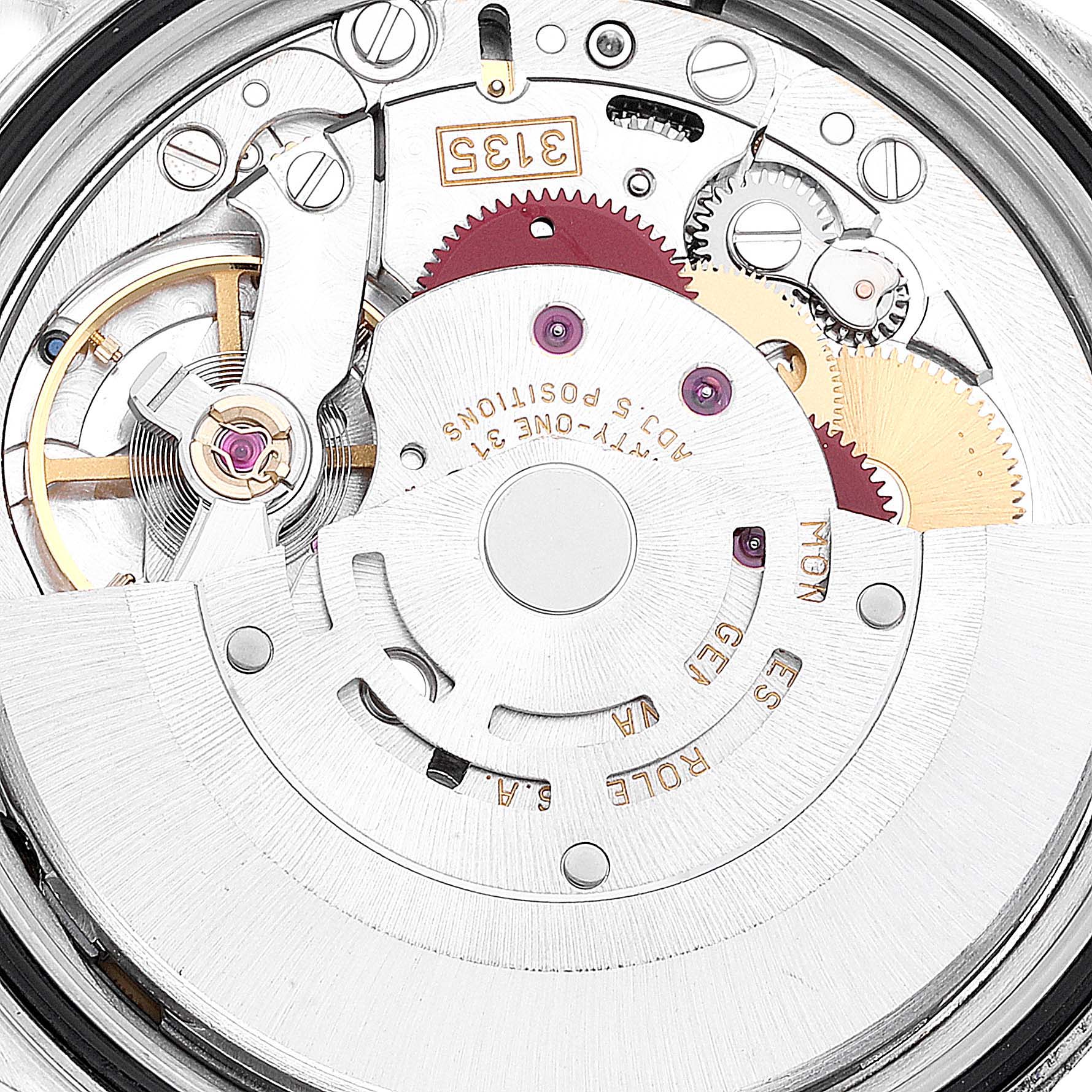 This is a close-up of the movement mechanism inside a Rolex Datejust 16200 Men's Stainless Steel Blue Dial 16200 Men's Stainless Steel Blue Dial watch.