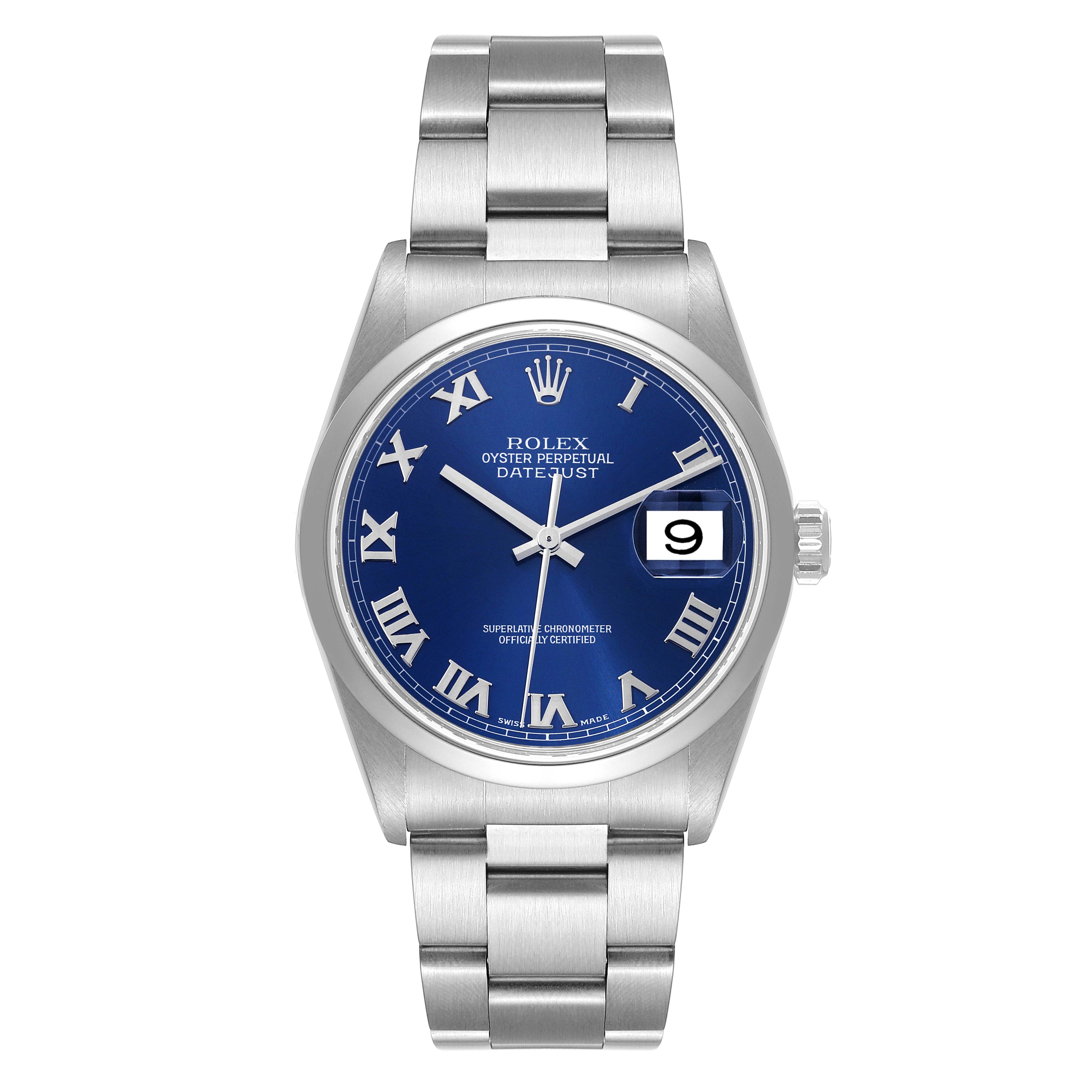 This image shows a front view of the Rolex Datejust 16200 Men's Stainless Steel Blue Dial 16200 Men's Stainless Steel Blue Dial watch, highlighting its blue dial, Roman numerals, date window, and stainless steel bracelet.