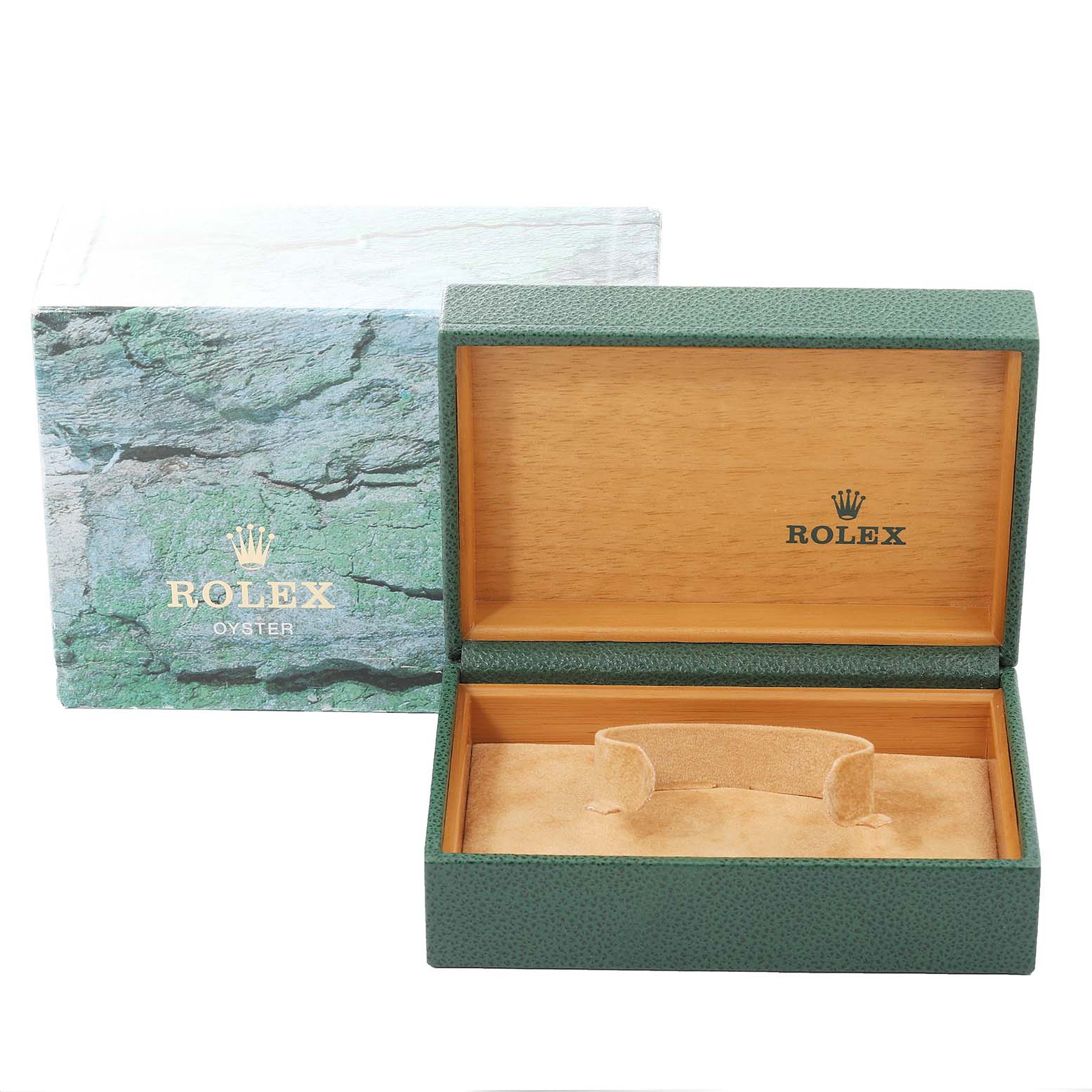 The image shows an open green Rolex Datejust 16200 Men's Stainless Steel Blue Dial 16200 Men's Stainless Steel Blue Dial watch box with a textured exterior and a wooden interior.