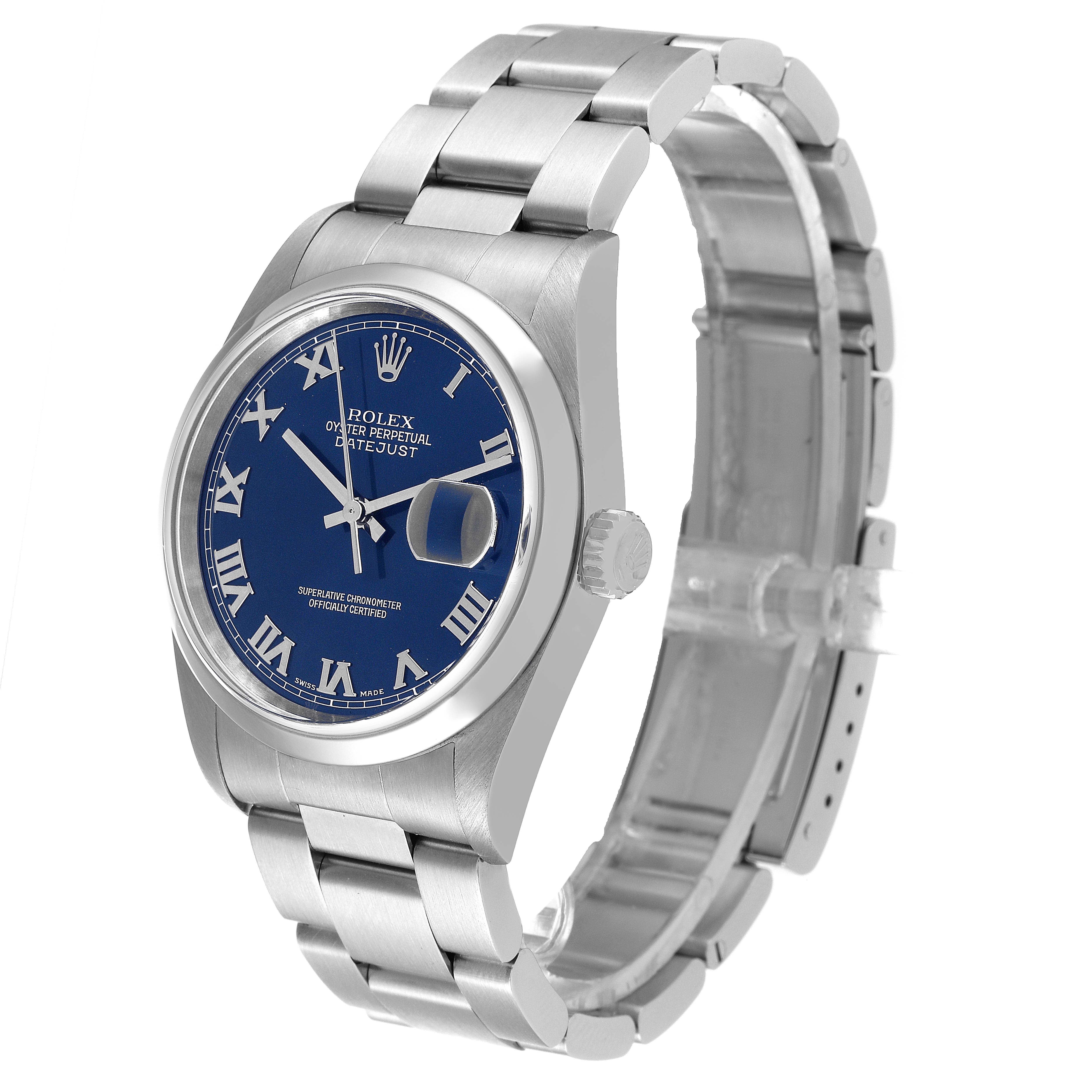 The Rolex Datejust 16200 Men's Stainless Steel Blue Dial 16200 Men's Stainless Steel Blue Dial watch is shown at a slight angle displaying its face, bezel, crown, and part of the stainless steel bracelet.