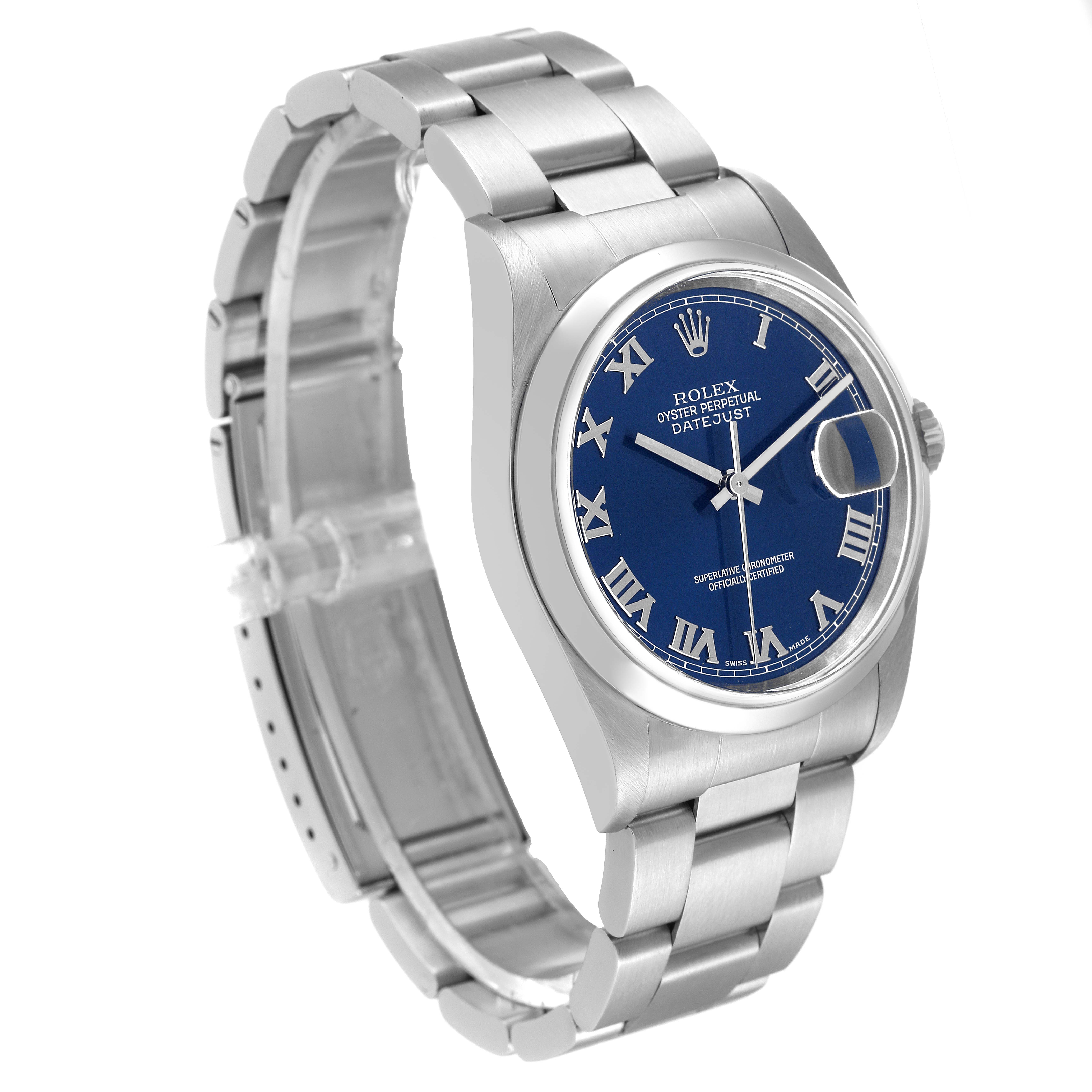The Rolex Datejust 16200 Men's Stainless Steel Blue Dial 16200 Men's Stainless Steel Blue Dial watch is shown at a slight angle, displaying the face, bezel, bracelet, and clasp.