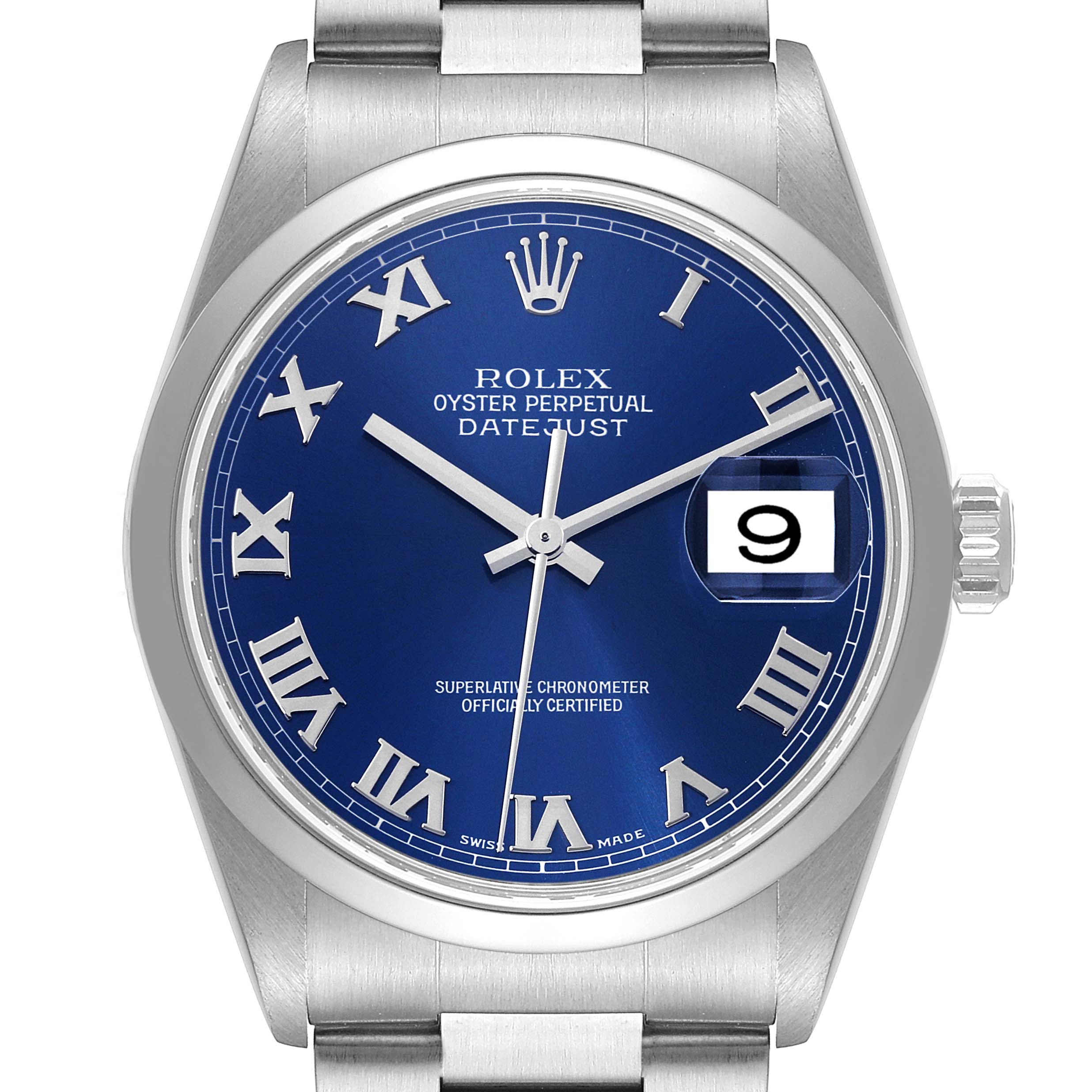 This image shows a front view of the Rolex Datejust 16200 Men's Stainless Steel Blue Dial 16200 Men's Stainless Steel Blue Dial watch's face and partial bracelet, highlighting its blue dial and date display.